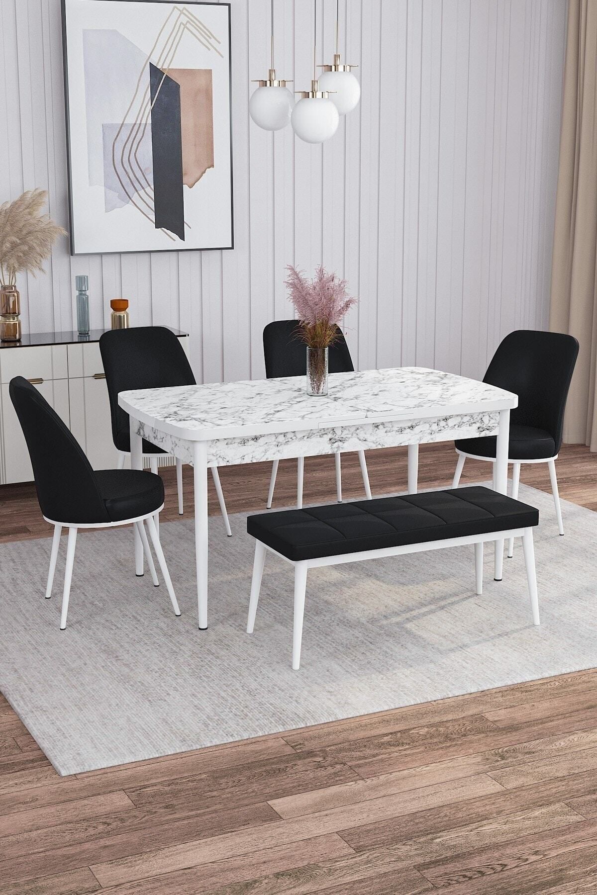 Tora Beyaz Mermer Desen 80x132 Mdf Açılabilir Yemek Masası Takımı 4 Sandalye, 1 Bench-0