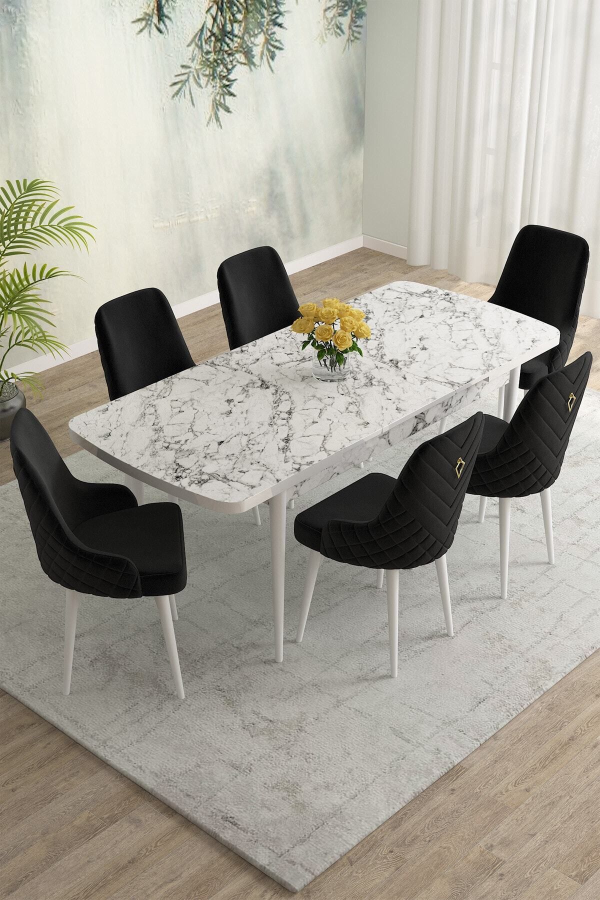Natan Beyaz Mermer Desen 80x132 Mdf Açılabilir Yemek Masası Takımı 6 Adet Sandalye-1