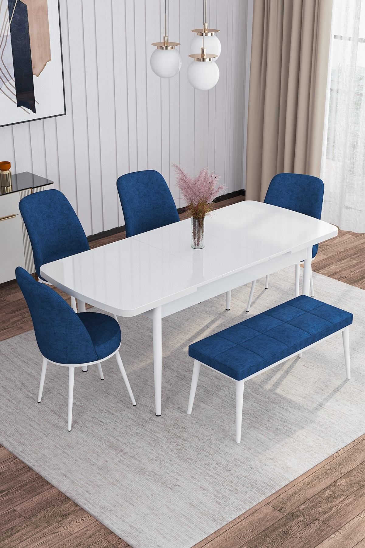 Tora Beyaz 80x132 Mdf Açılabilir Yemek Masası Takımı 4 Sandalye, 1 Bench-1