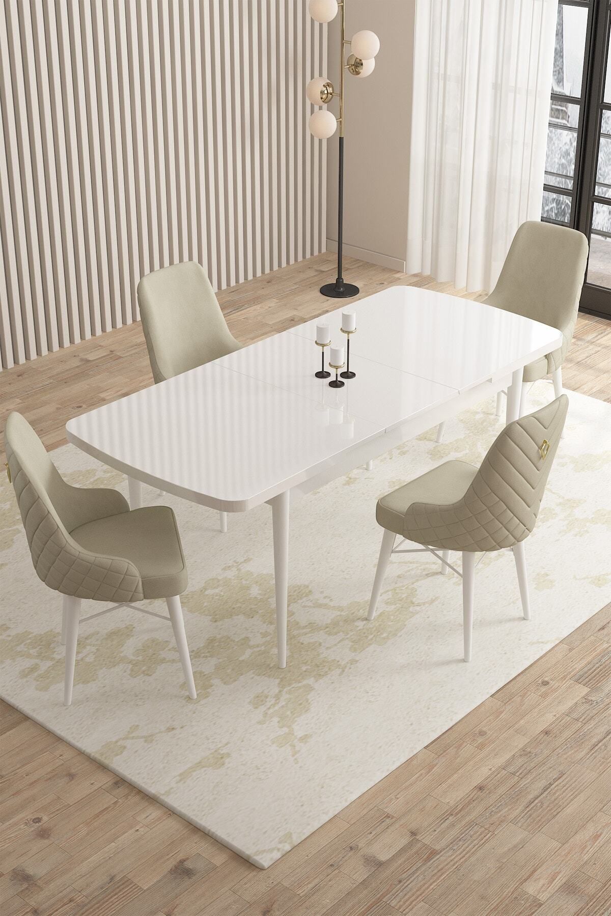 Laura Beyaz 80x132 Mdf Açılabilir Mutfak Masası Takımı 4 Adet Sandalye-1