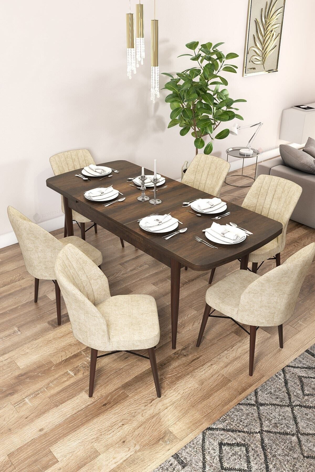 Vien Barok Desen 80x132 Mdf Açılabilir Mutfak Masası Takımı 6 Adet Sandalye-1