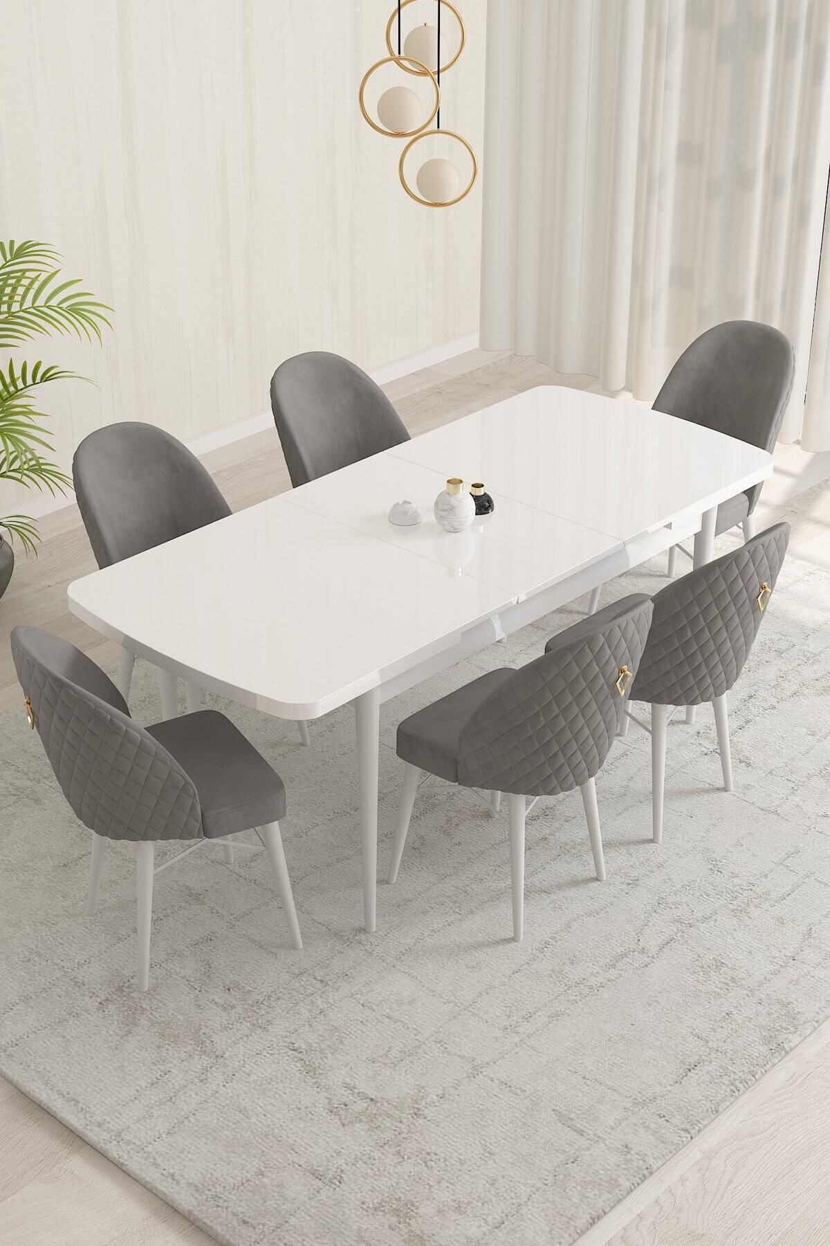 violeta Beyaz 80x132 Mdf Açılabilir Mutfak Masası Takımı 6 Adet Sandalye-1