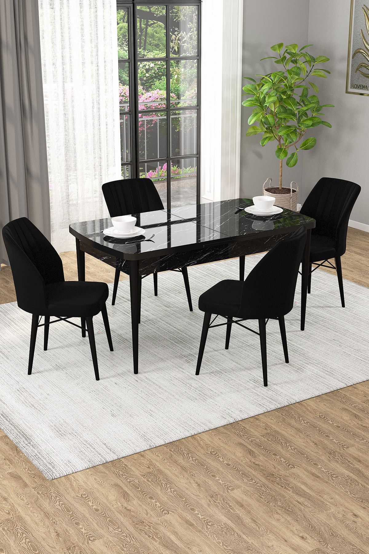 Lara Siyah Mermer 4 Kişilik Mutfak ve Salon Yemek Masası Takımı (AÇILABİLİR)
