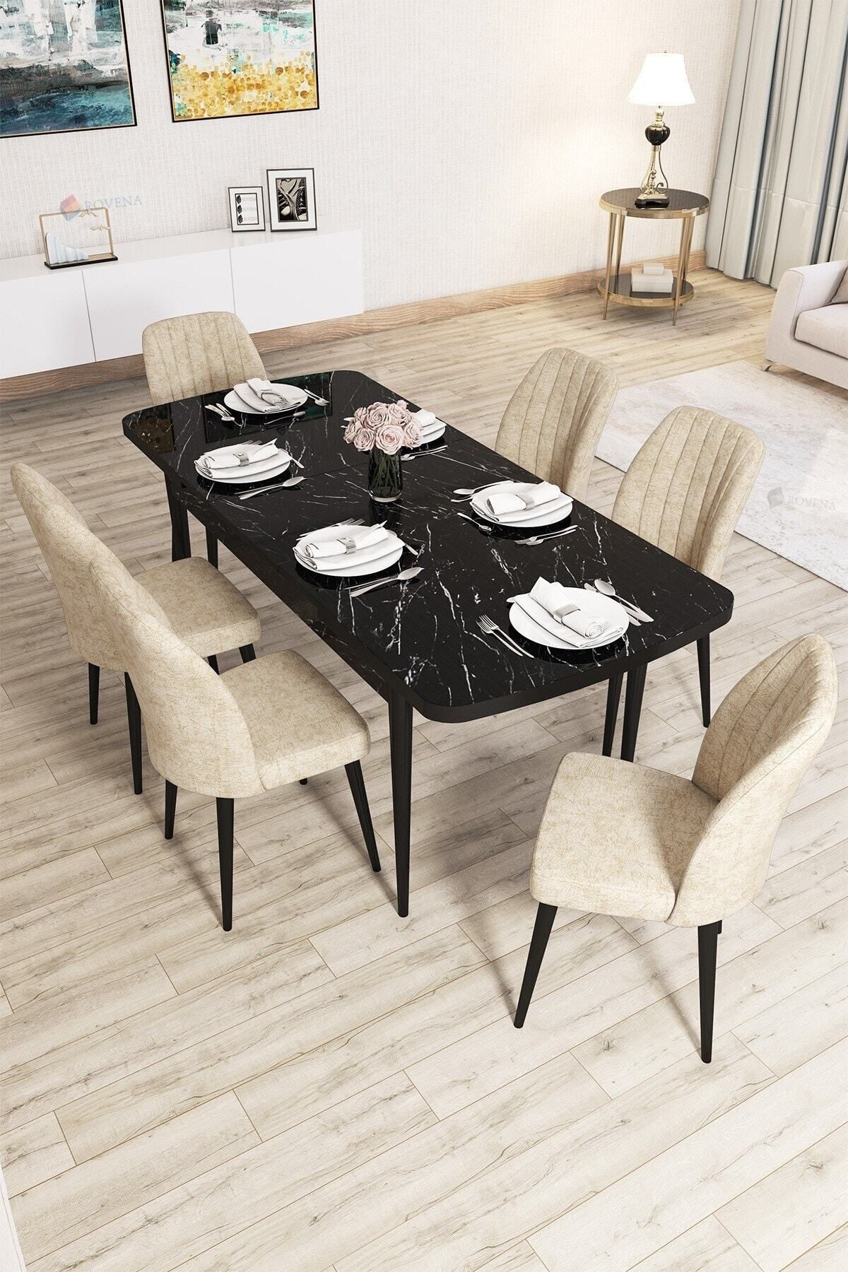 Molis Siyah Mermer Desen 80x132 Mdf Açılabilir Yemek Masası Takımı 6 Adet Sandalye-1