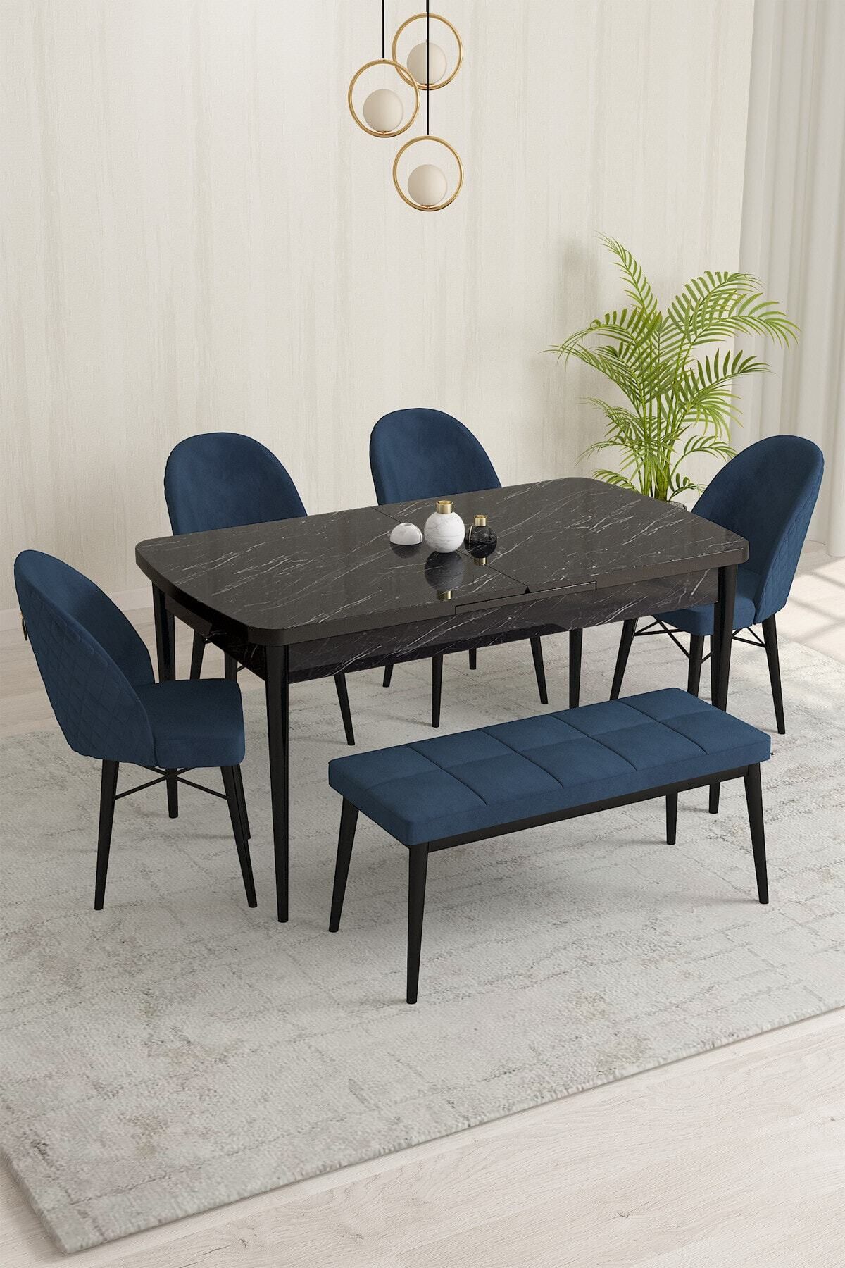 violeta Siyah Mermer Desen 80x132 Mdf Açılabilir Mutfak Masası Takımı 4 Sandalye, 1 Bench