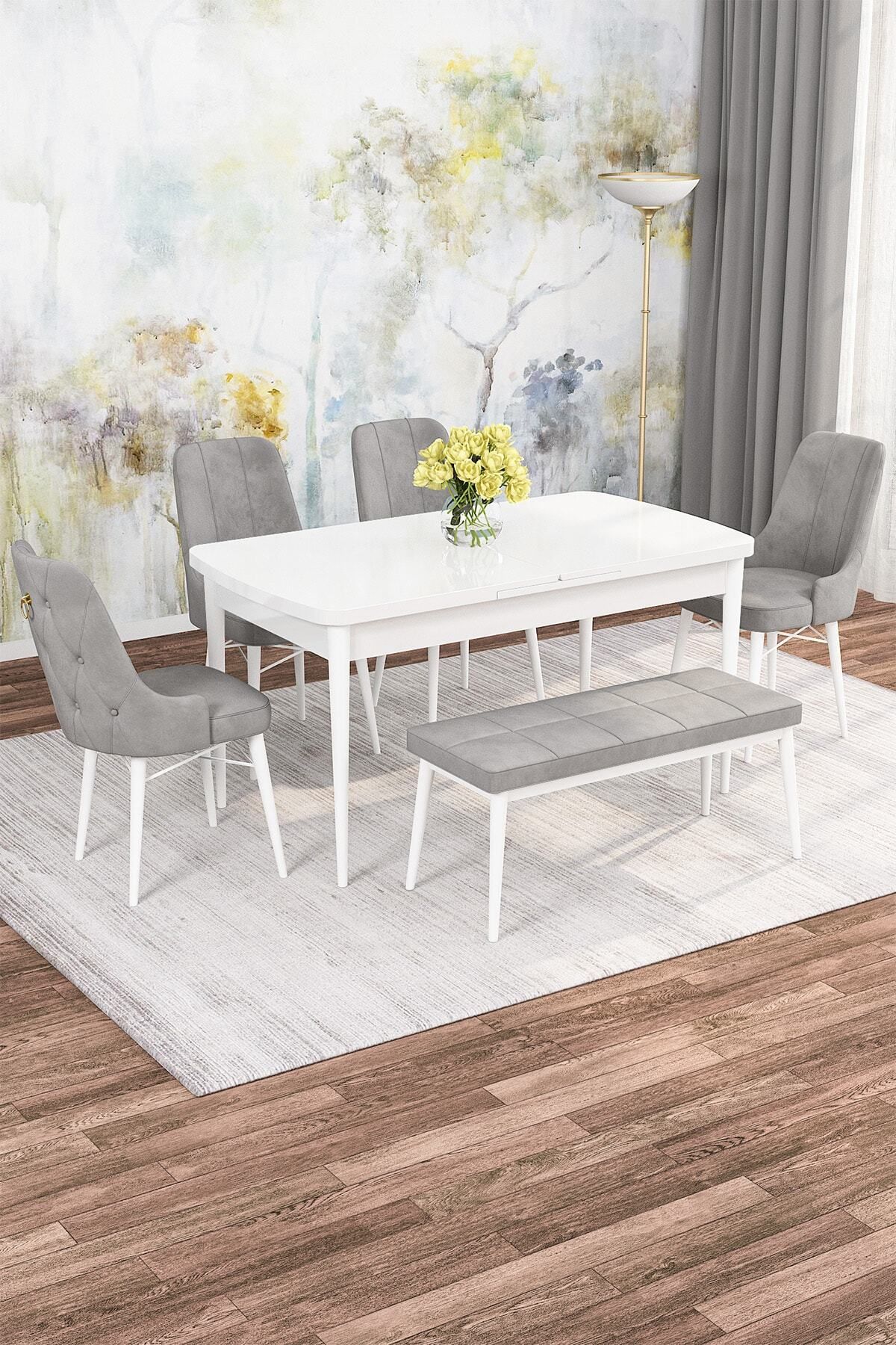 Diana Beyaz 80x132 Mdf Açılabilir Mutfak Masası Takımı 4 Sandalye, 1 Bench-0