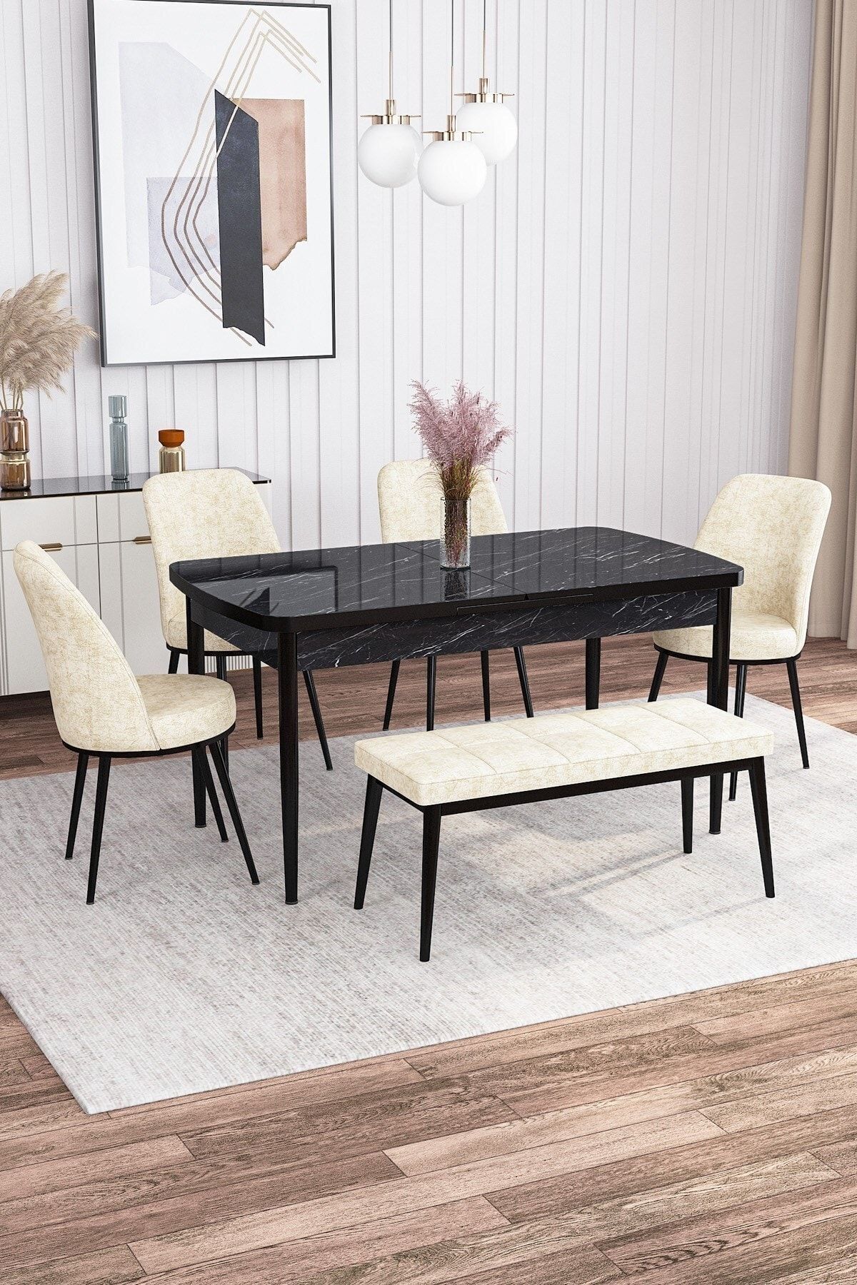 Tora Siyah Mermer Desen 80x132 Mdf Açılabilir Yemek Masası Takımı 4 Sandalye, 1 Bench