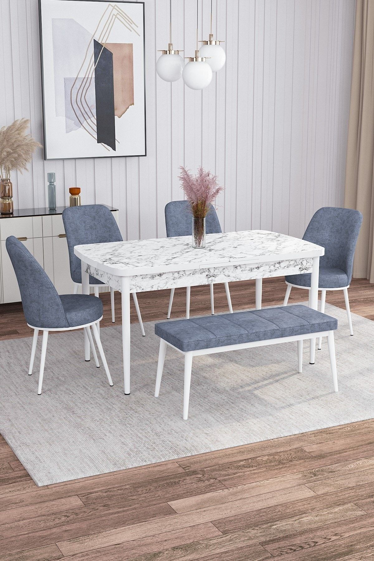 Guste Beyaz Mermer Desen 80x132 Açılabilir Mutfak Masası Takımı 4 Sandalye, 1 Bench