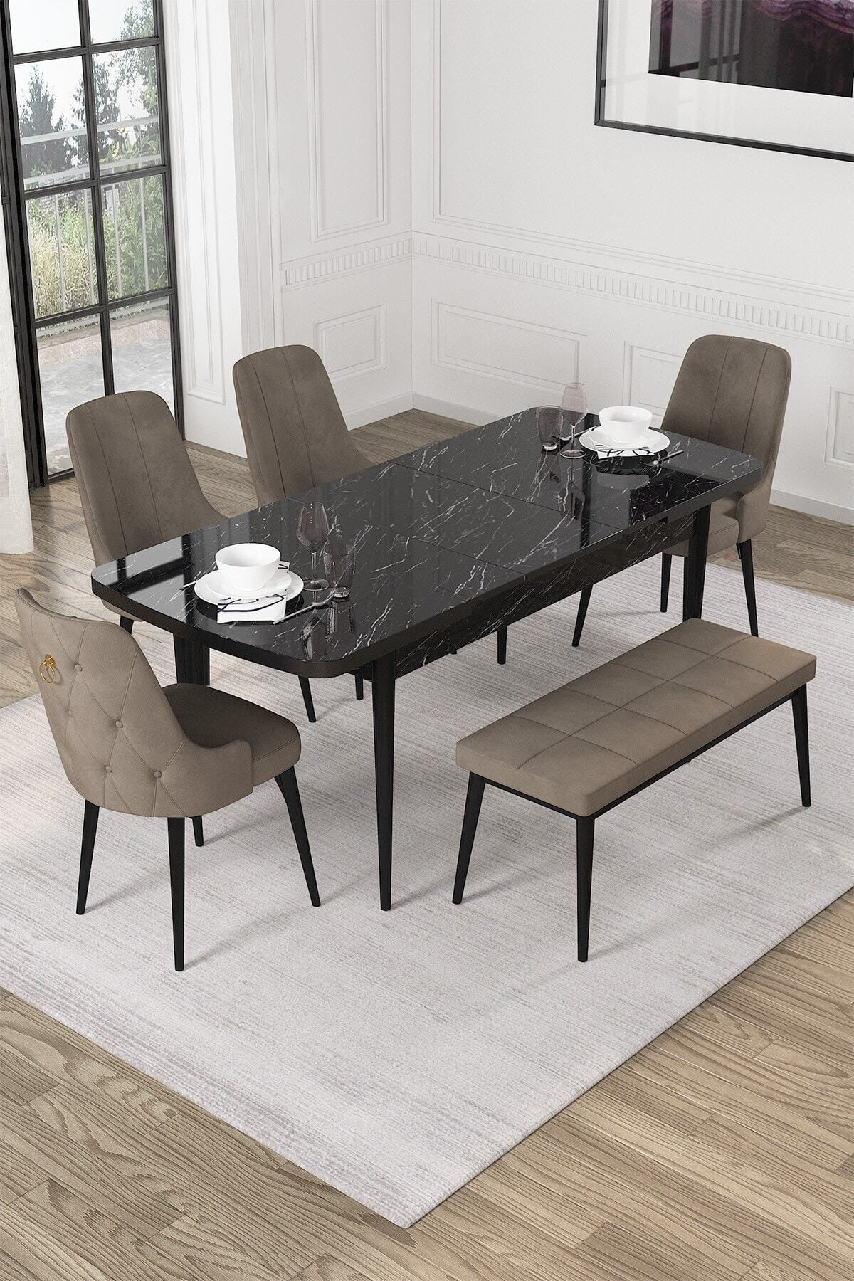 Mabel Siyah Mermer Desen 80x132 Mdf Açılabilir Yemek Masası Takımı 4 Sandalye, 1 Bench-1