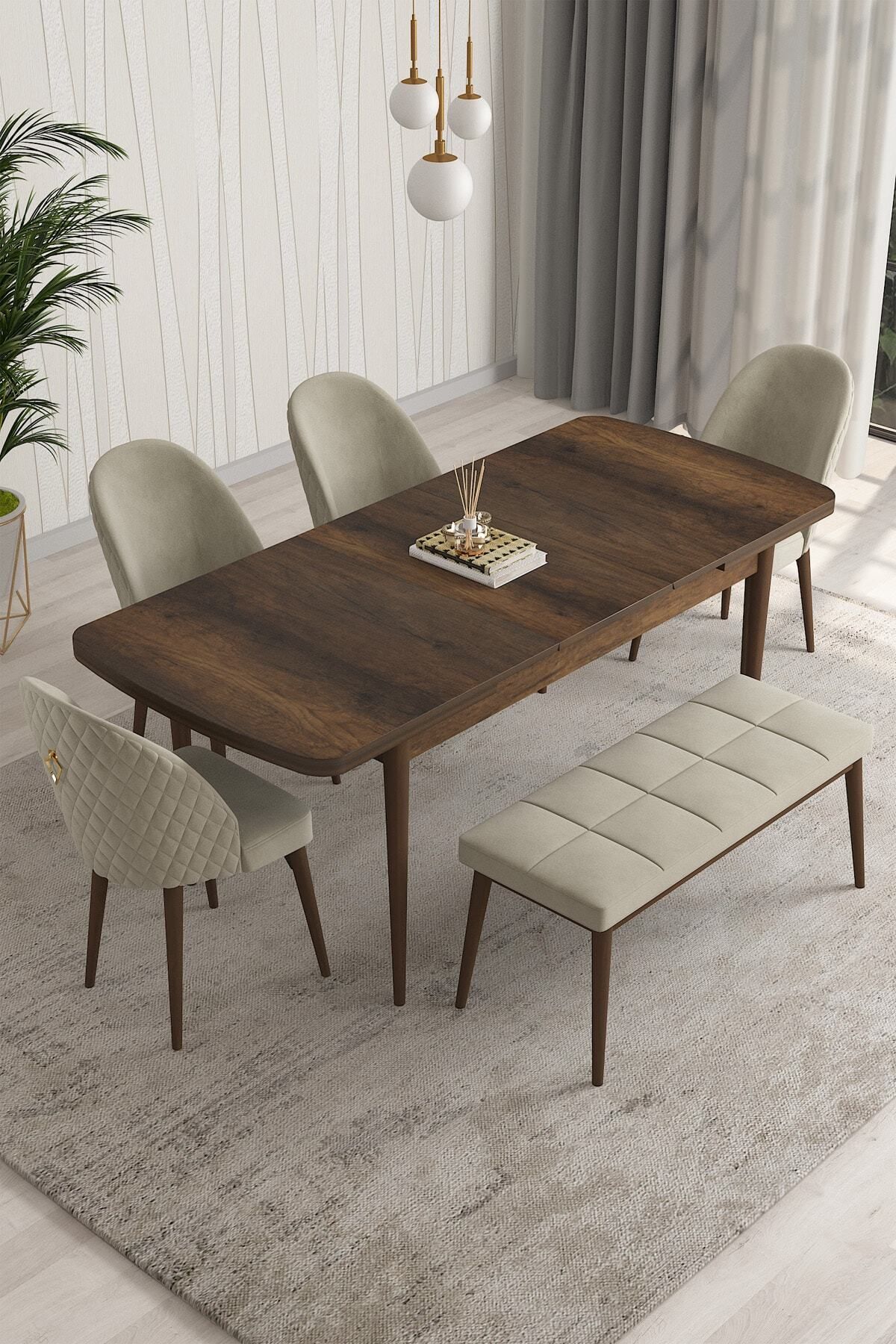 Aleksa Barok Desen 80x132 Mdf Açılabilir Mutfak Masası Takımı 4 Sandalye, 1 Bench-1