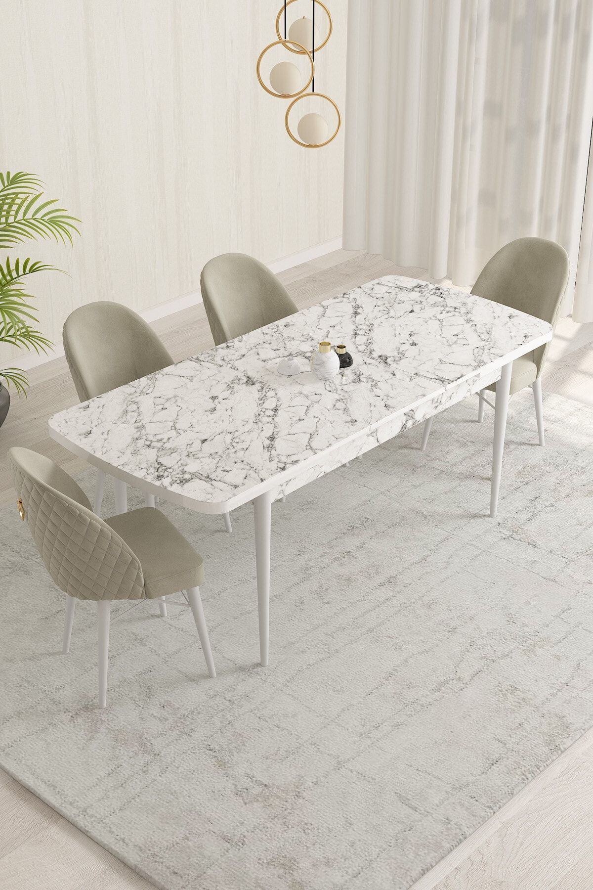 violeta Beyaz Mermer Desen 80x132 Mdf Açılabilir Mutfak Masası Takımı 4 Adet Sandalye-1