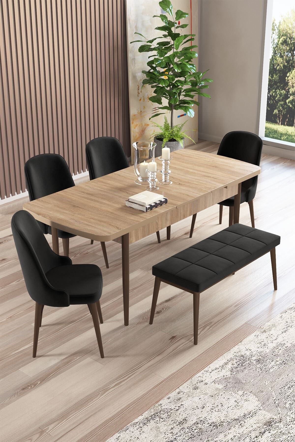 Radu Meşe Desen 80x132 Mdf Açılabilir Mutfak Masası Takımı 4 Sandalye, 1 Bench-1