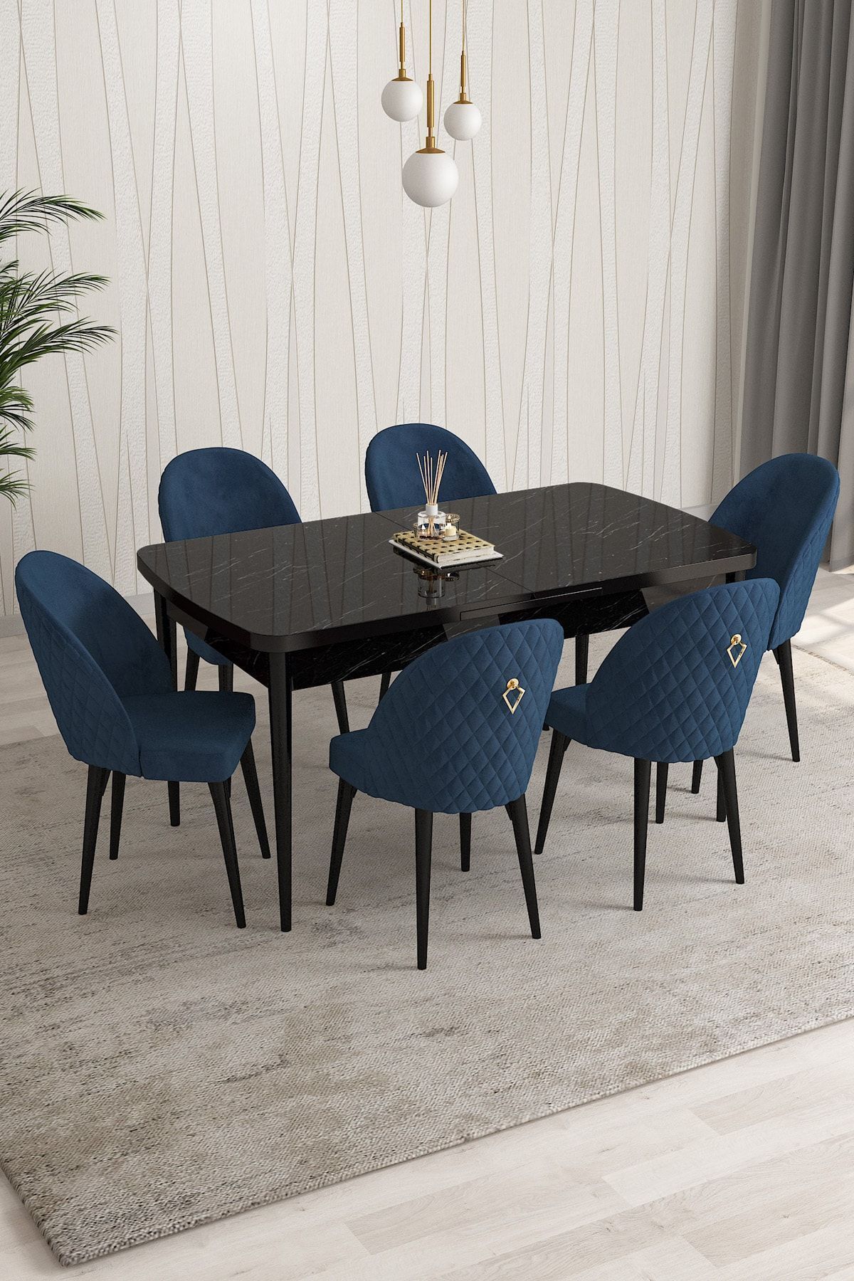 Aleksa Siyah Mermer Desen 80x132 Mdf Açılabilir Mutfak Masası Takımı 6 Adet Sandalye