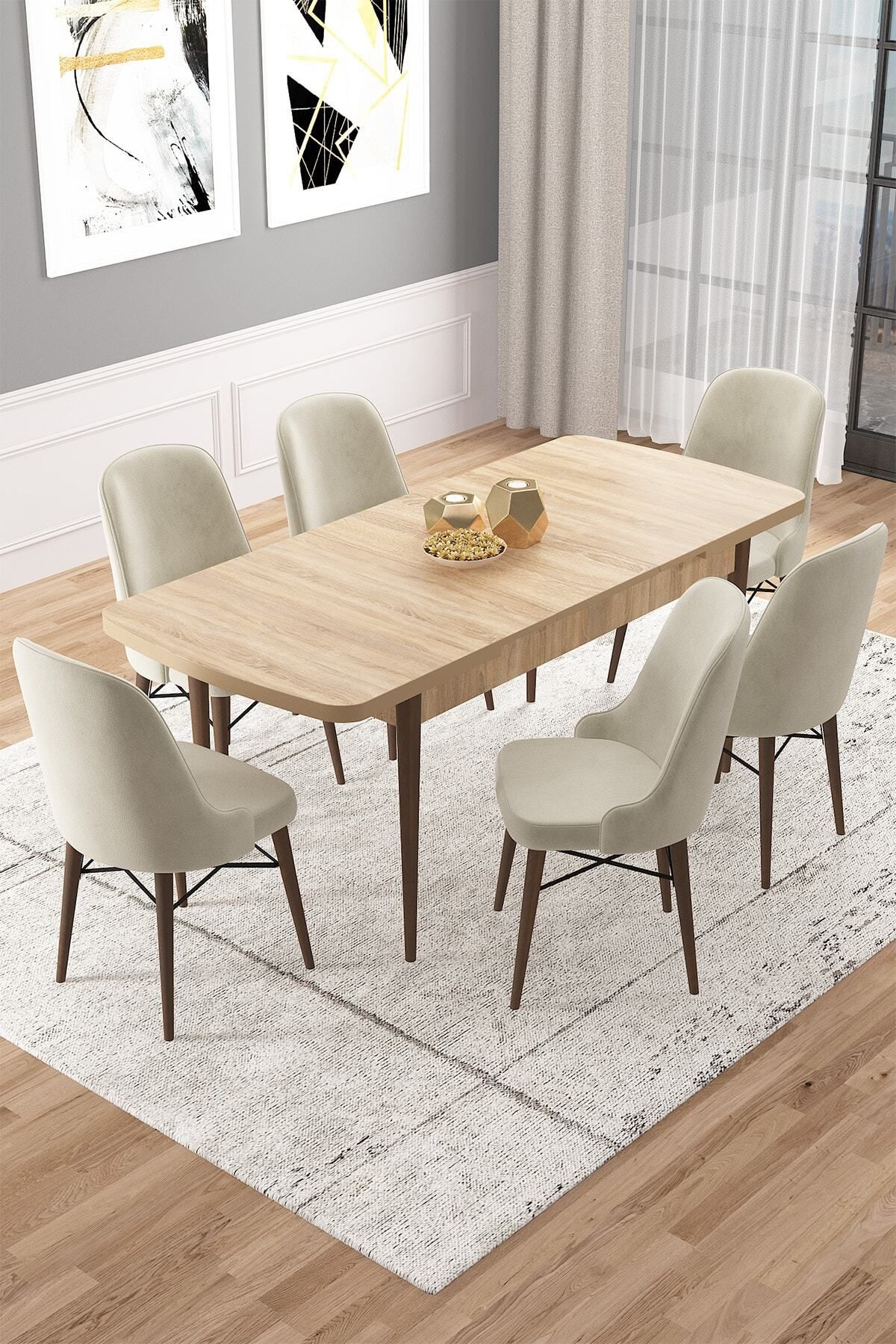 Vilte Meşe Desen 80x132 Mdf Açılabilir Mutfak Masası Takımı 6 Adet Sandalye-1