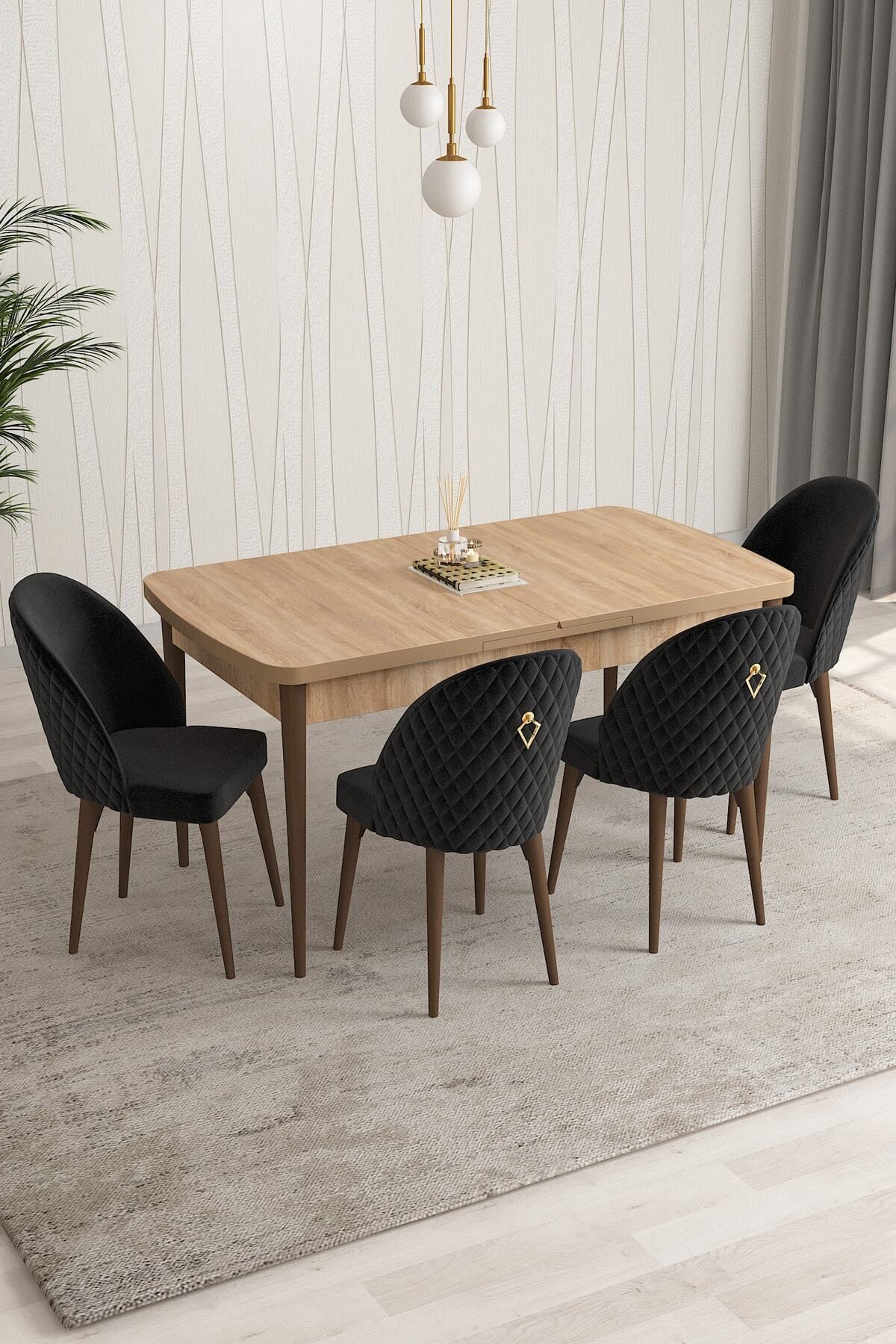 Aleksa Meşe Desen 80x132 Mdf Açılabilir Mutfak Masası Takımı 4 Adet Sandalye-0