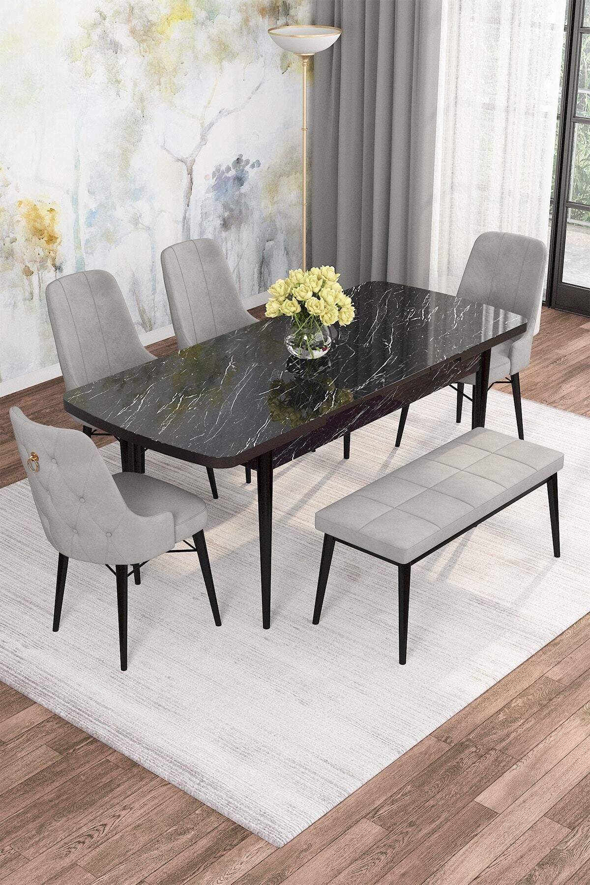 Diana Siyah Mermer Desen 80x132 Mdf Açılabilir Mutfak Masası Takımı 4 Sandalye, 1 Bench-1