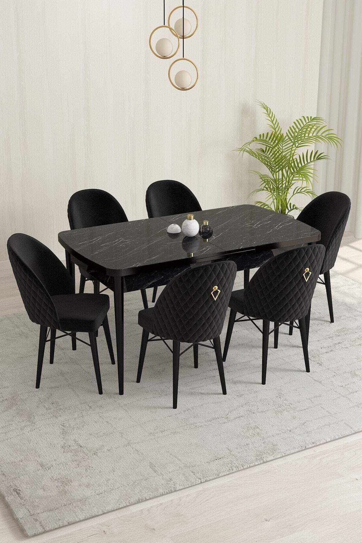 violeta Siyah Mermer Desen 80x132 Mdf Açılabilir Yemek Masası Takımı 6 Adet Sandalye-0