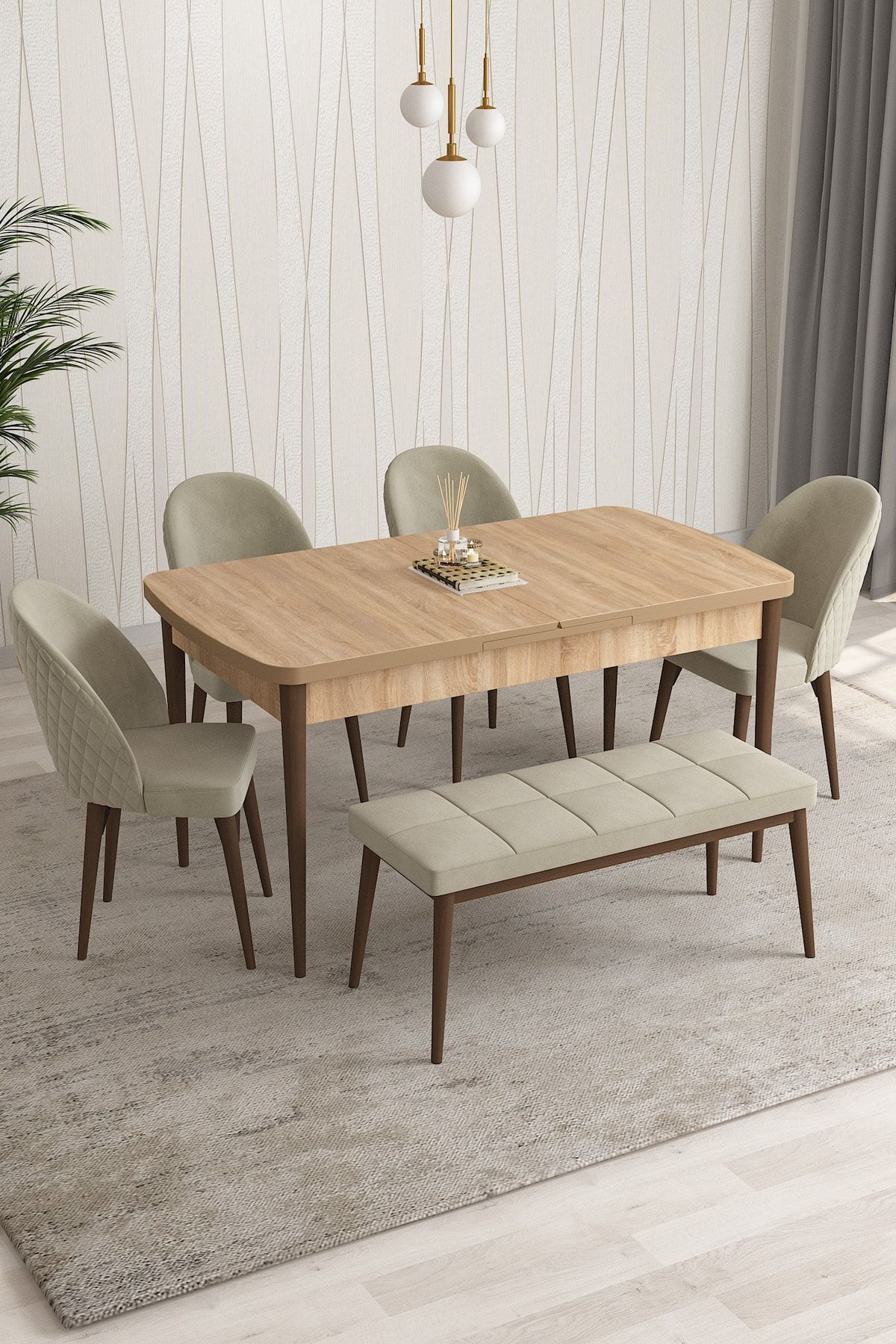 Aleksa Meşe Desen 80x132 Mdf Açılabilir Mutfak Masası Takımı 4 Sandalye, 1 Bench