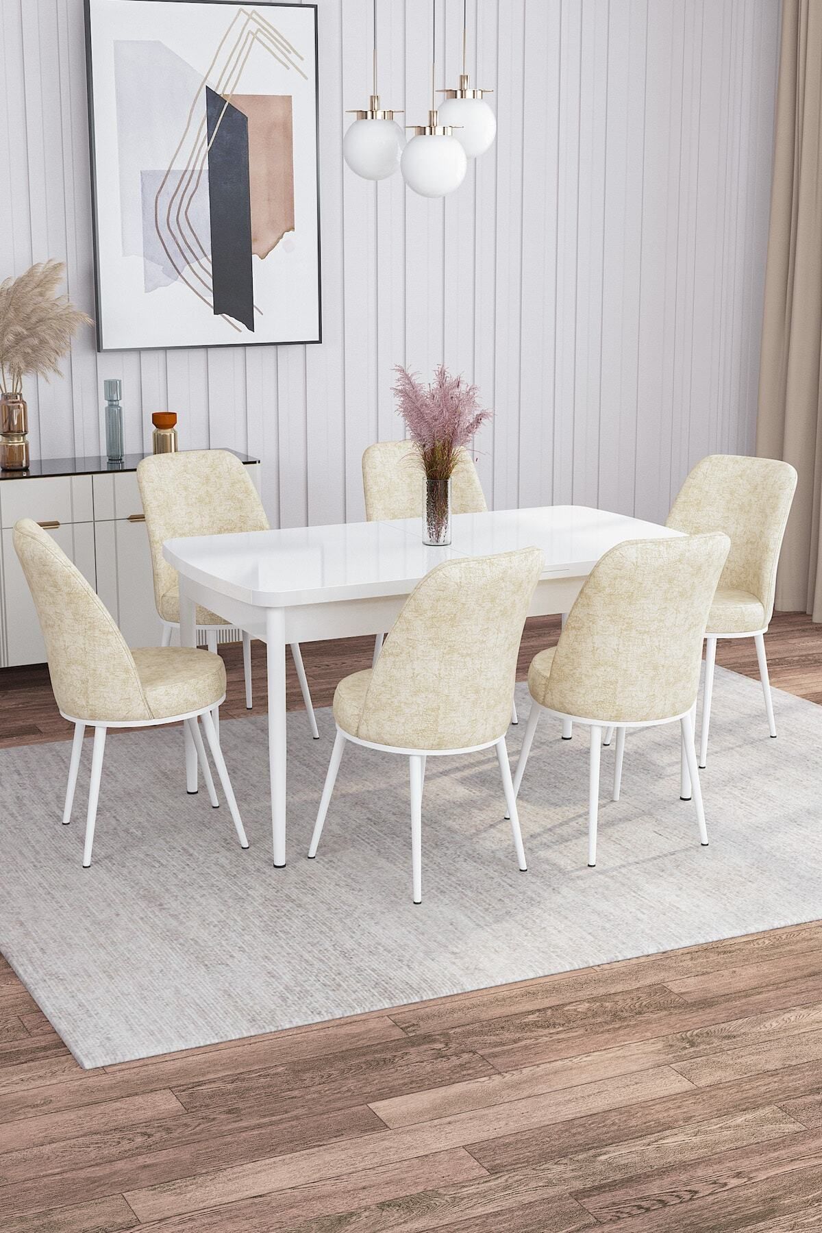 Tora Beyaz 80x132 boyutunda Mdf Açılabilir Yemek Masası Takımı 6 Adet Sandalye-0