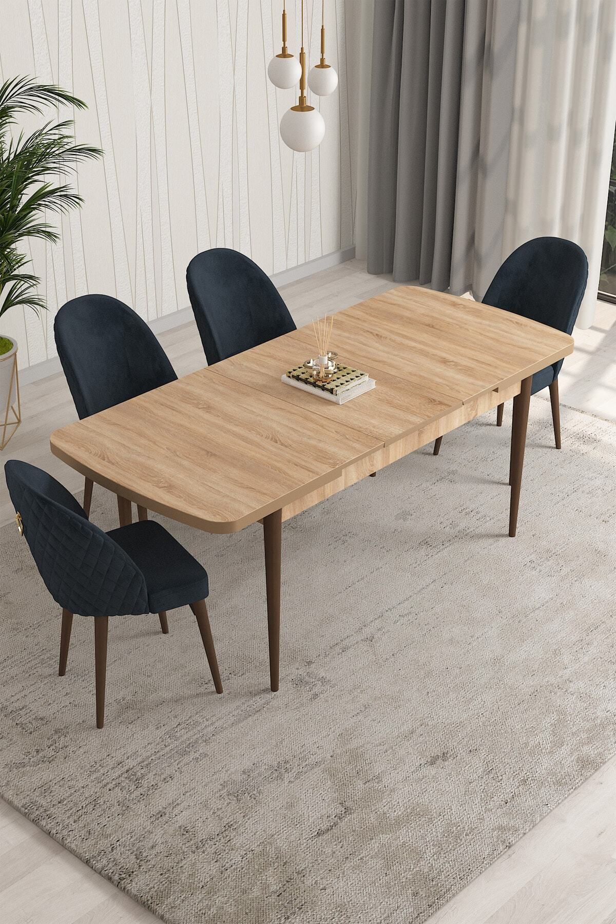 Aleksa Meşe Desen 80x132 Mdf Açılabilir Mutfak Masası Takımı 4 Adet Sandalye-1