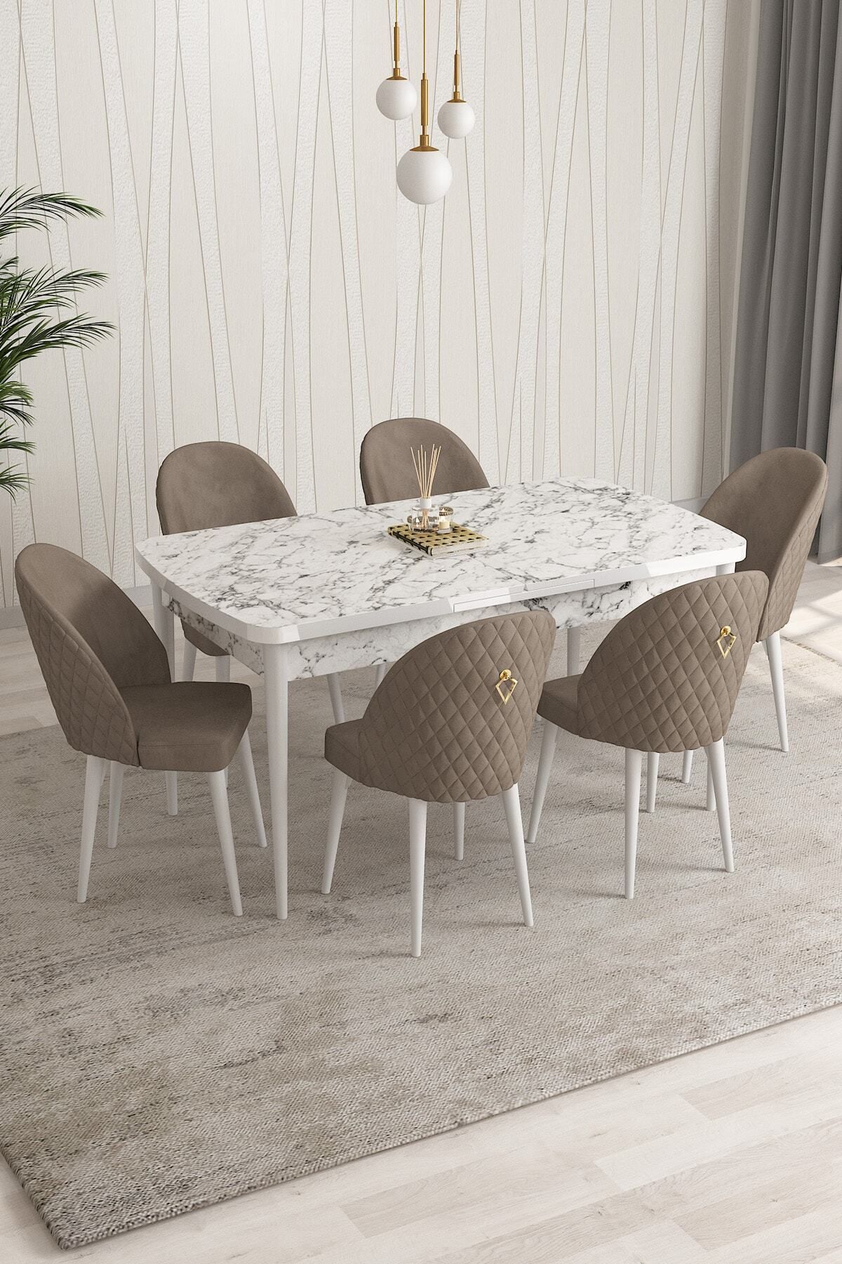 Aleksa Beyaz Mermer Desen 80x132 Mdf Açılabilir Mutfak Masası Takımı 6 Adet Sandalye-0