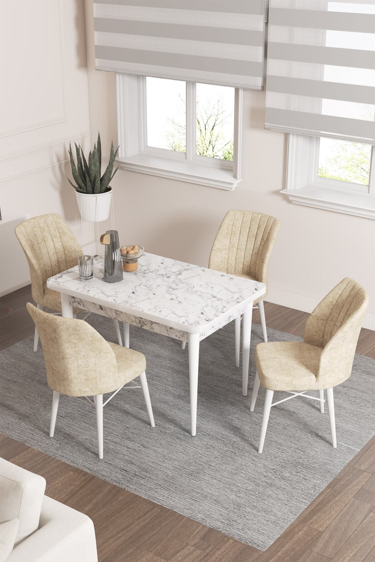 Rima Beyaz Mermer Desen 70x110 Mdf Sabit Mutfak Masası Takımı 4 Adet Sandalye-0