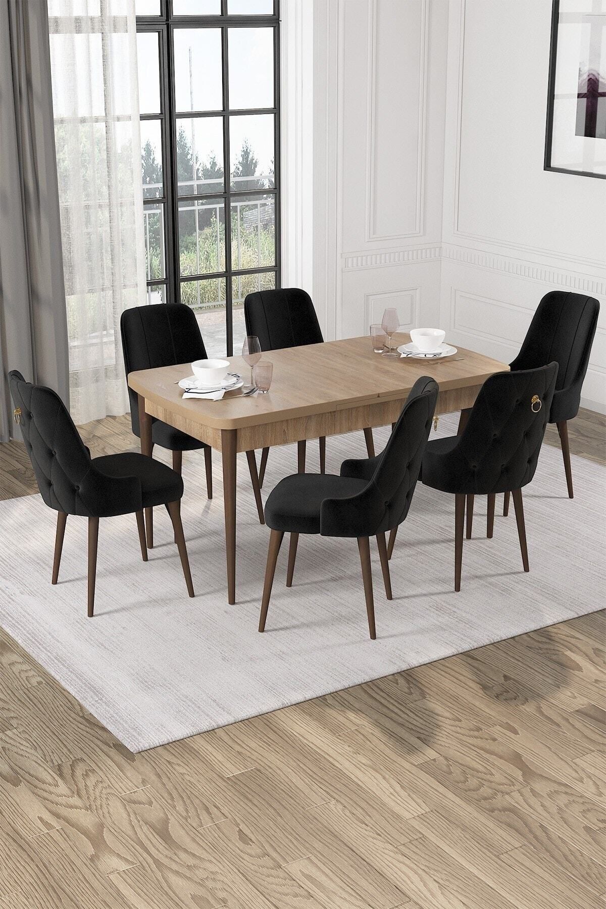temosan Mabel Siyah Mermer Desen 80x132 Açılabilir Mdf Mutfak Masası Takımı 6 Adet Sandalye