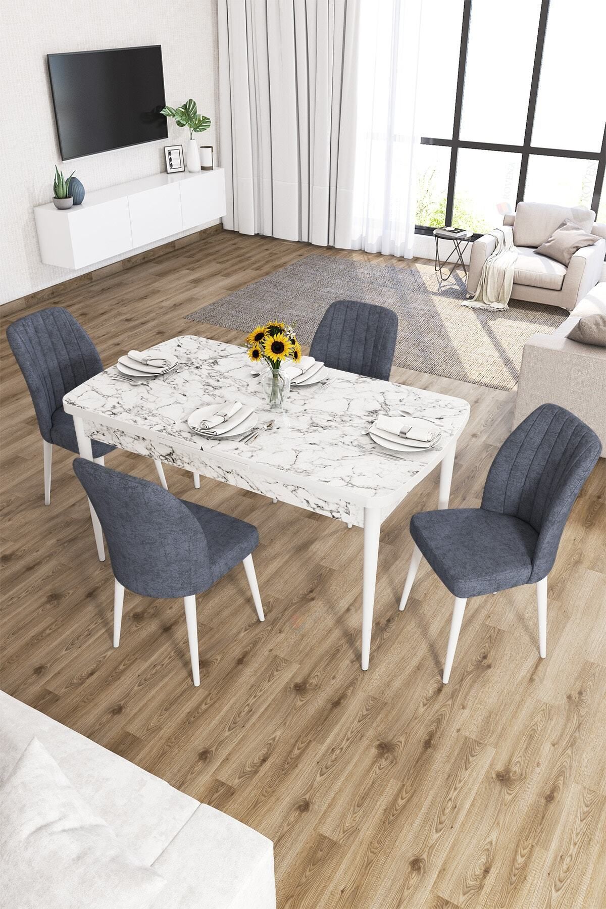 Molis Beyaz Mermer Desen 80x132 Mdf Açılabilir Mutfak Masası Takımı 4 Adet Sandalye-0