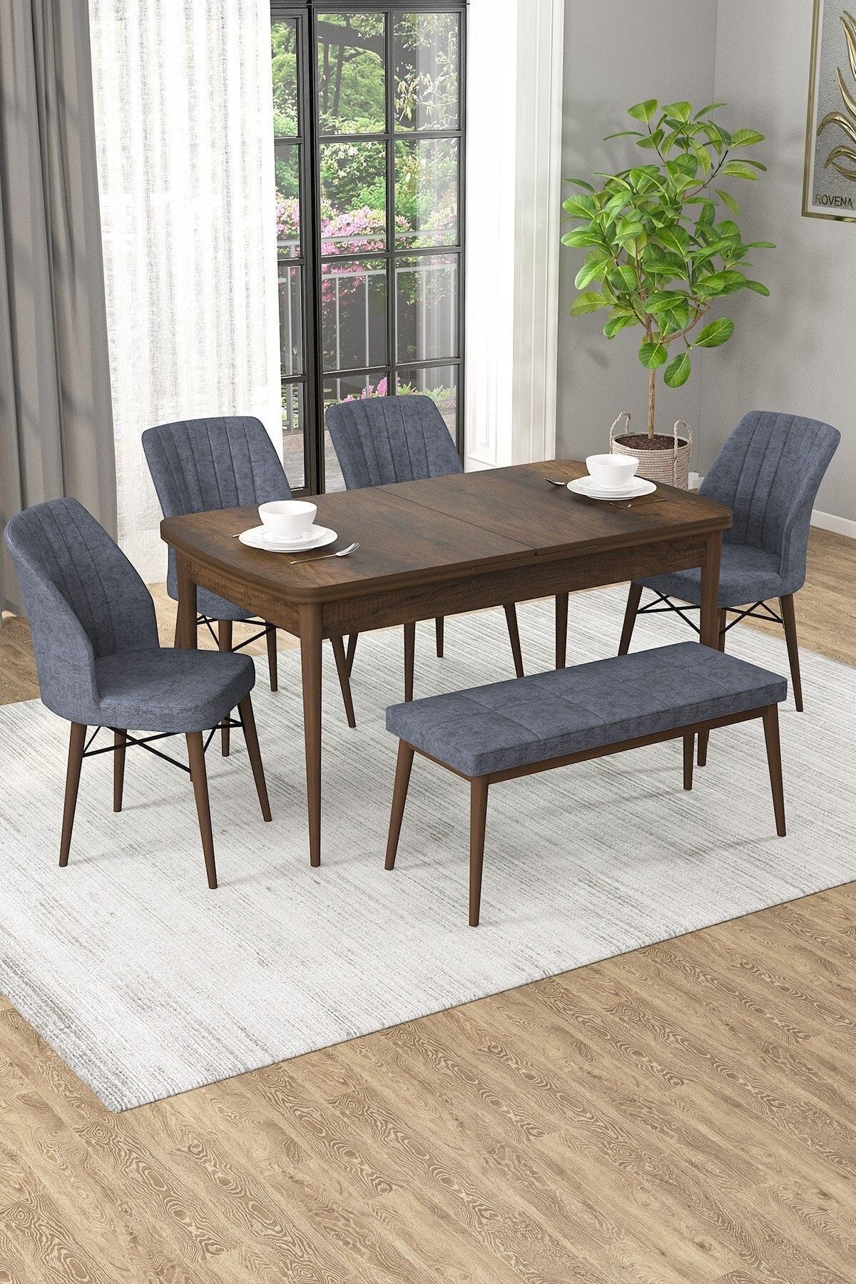 Vien Barok Desen 80x132 Mdf Açılabilir Mutfak Masası Takımı 4 Sandalye, 1 Bench