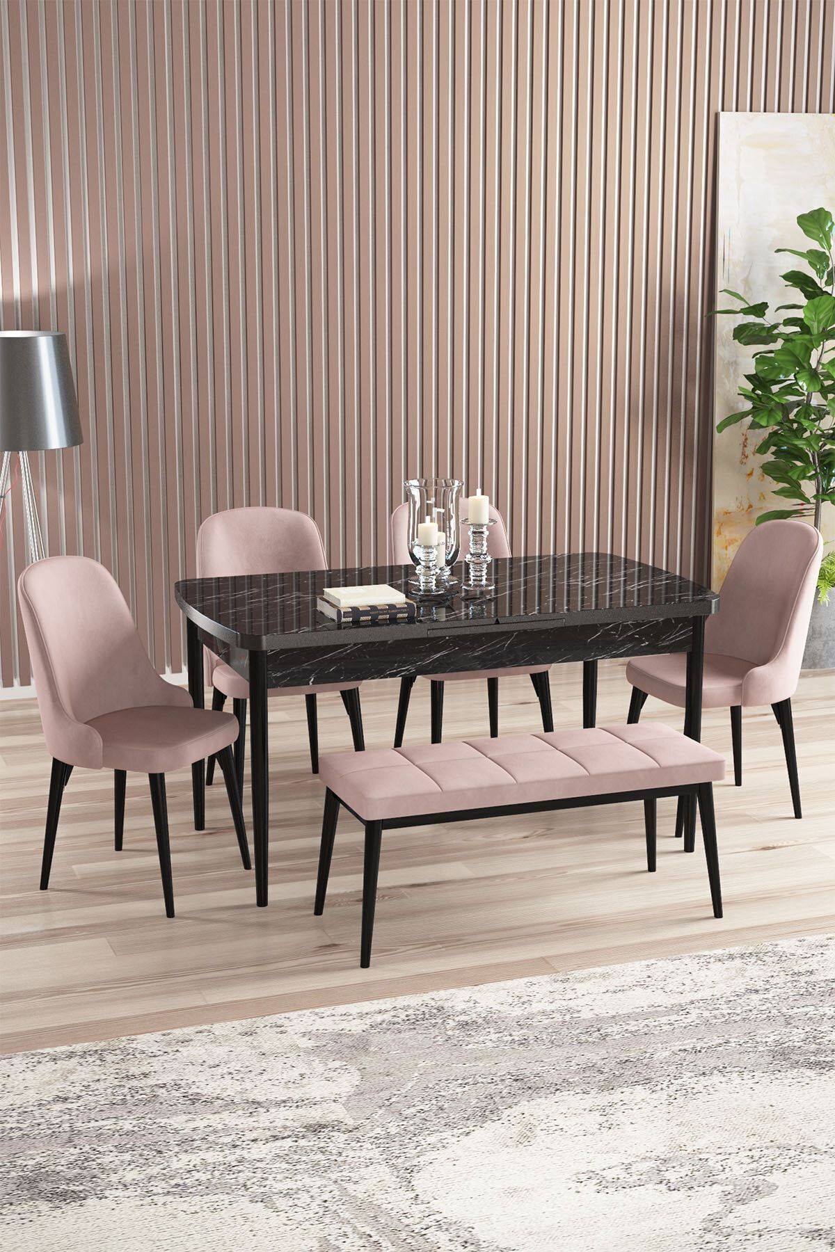 Radu Siyah Mermer Desen 80x132 Mdf Açılabilir Mutfak Masası Takımı 4 Sandalye, 1 Bench