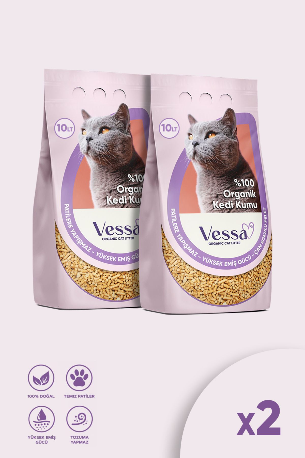 VESSA Kedi Kumu %100 Organik Doğal Çam Kokulu Pelet 2'li Paket 10 Lt