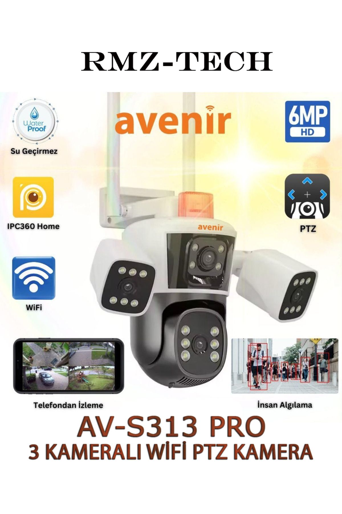 AVENİR AV-S313 PRO 3 KAMERALI  12MP (3x4MP)  360 Derece 180 Panoramik WİFİ KAMERA Panelsiz OnVif Destekli