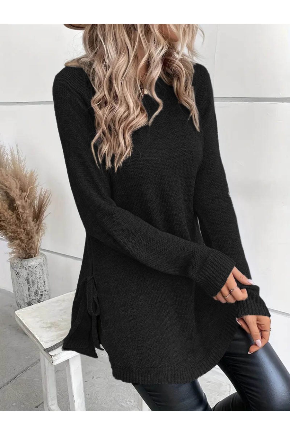 FM Group-Women's Long Sleeve Round Neck Side Lace up Knitwear Blouse 3