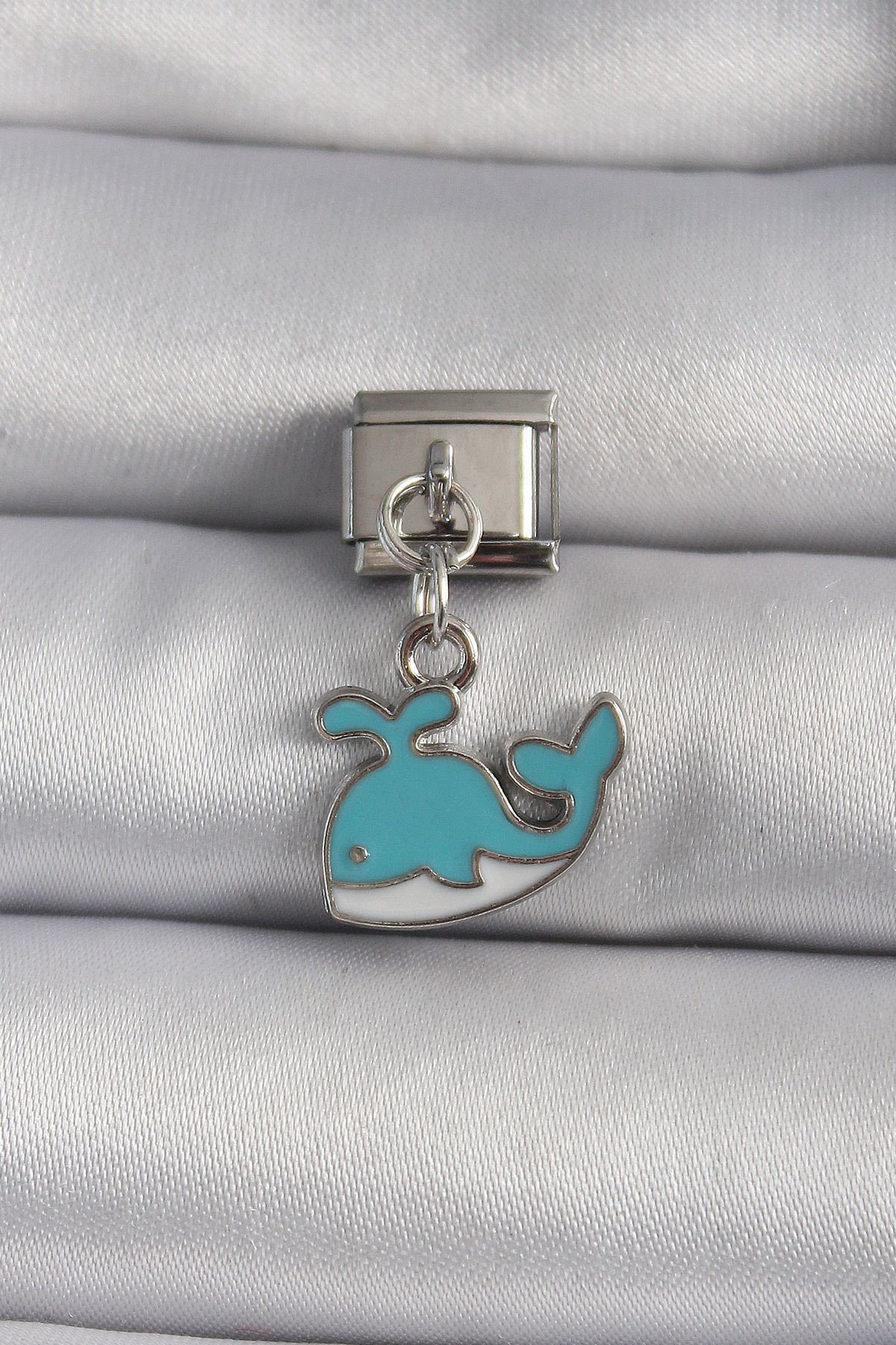 BirdoluSepet 316L Çelik Gümüş Renk Sallantı Mavi Balina Model Nomination Charm