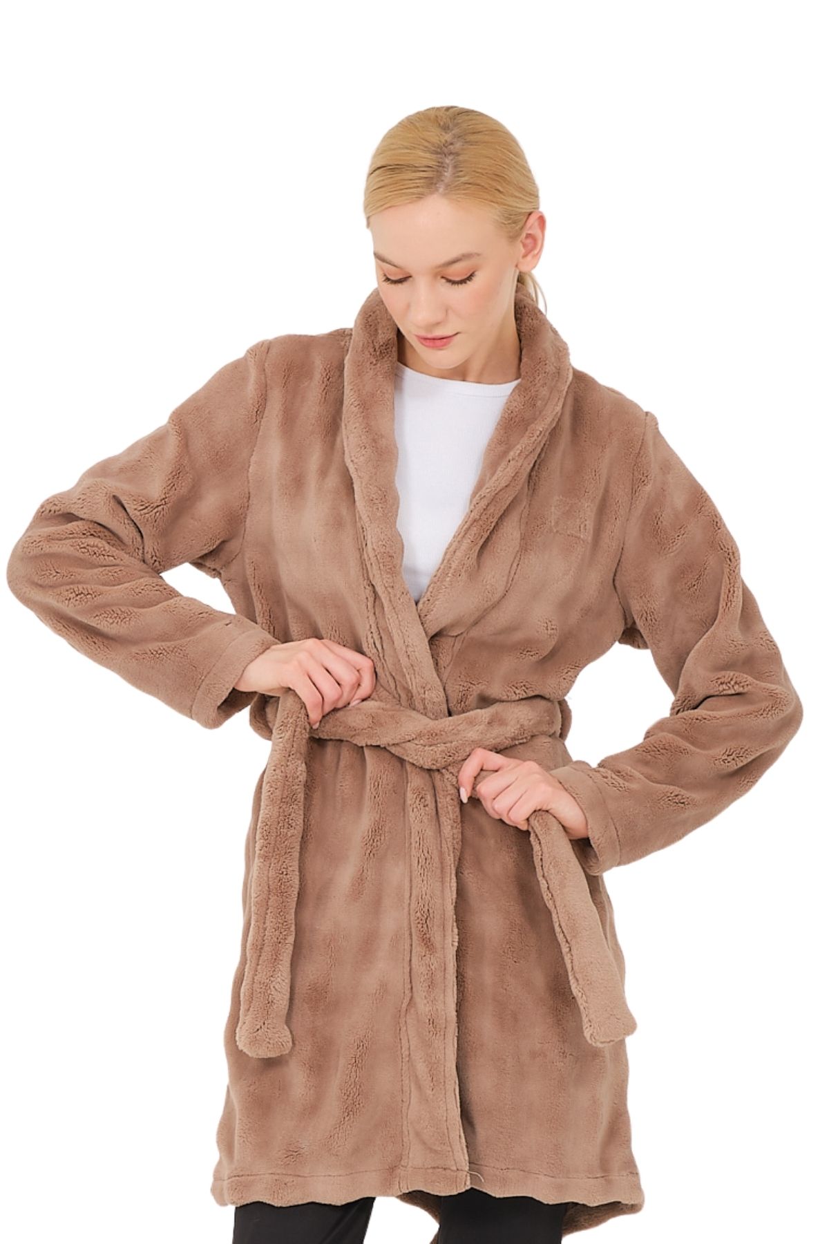 DOFİ-Dofi Women's Brown Plush Dressing Gown – Soft and Warm Holder with Waist Belt 4