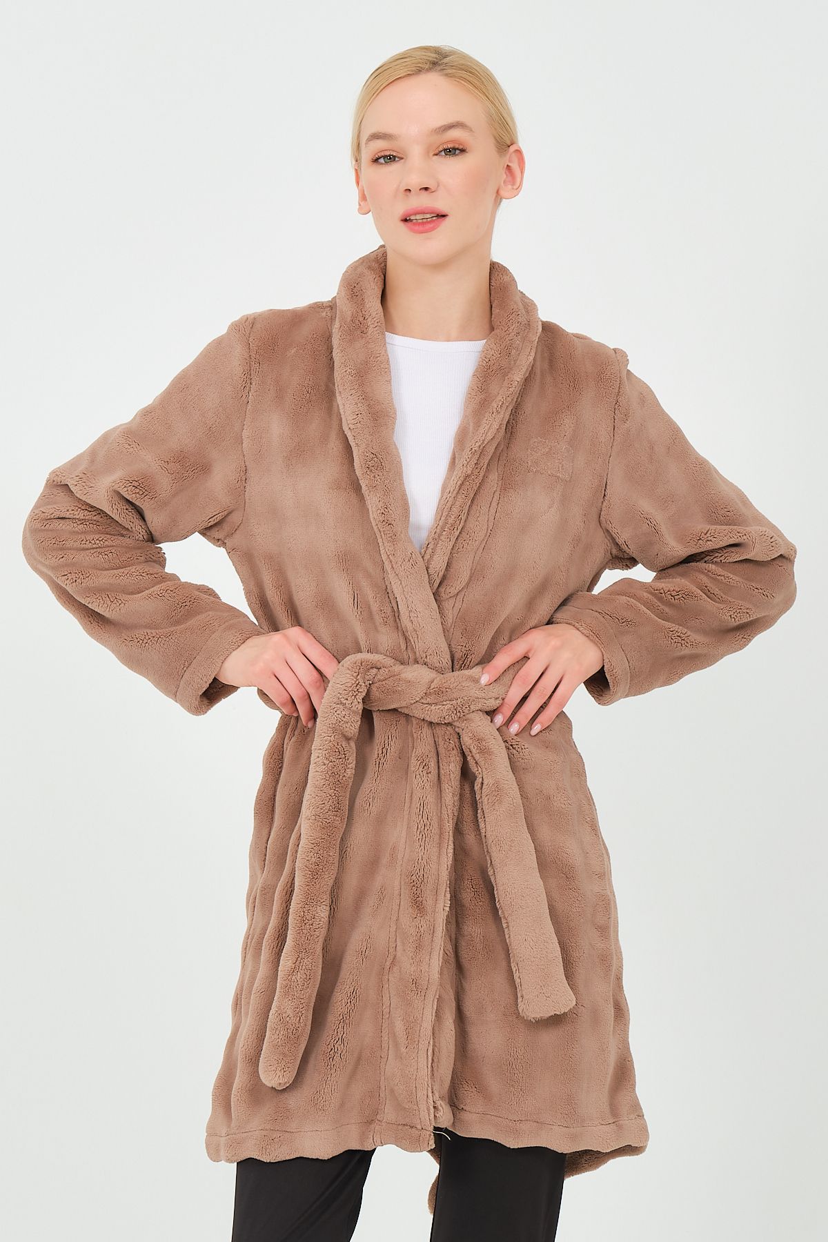 DOFİ-Dofi Women's Brown Plush Dressing Gown – Soft and Warm Holder with Waist Belt 3