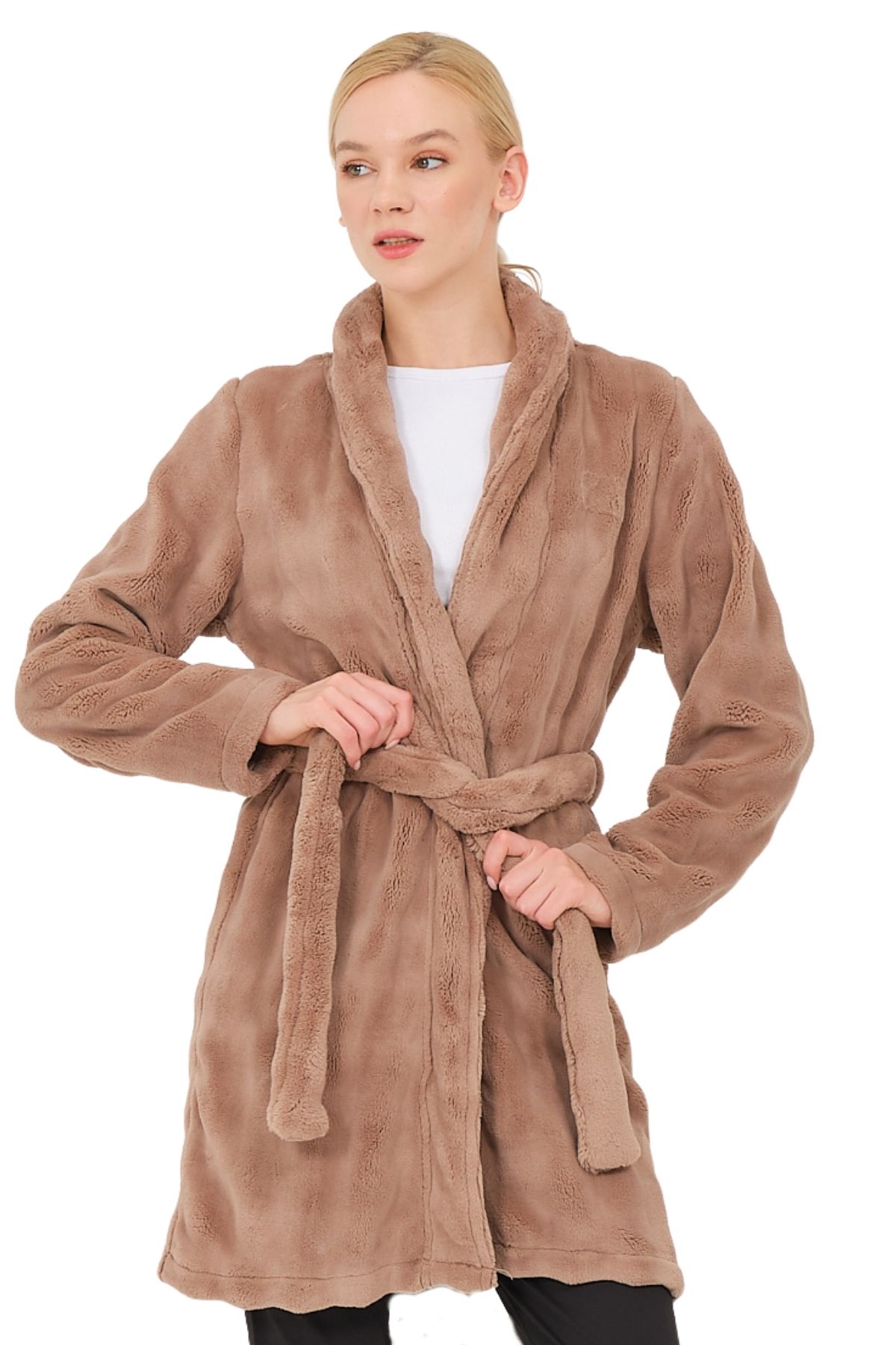 DOFİ-Dofi Women's Brown Plush Dressing Gown – Soft and Warm Holder with Waist Belt 2