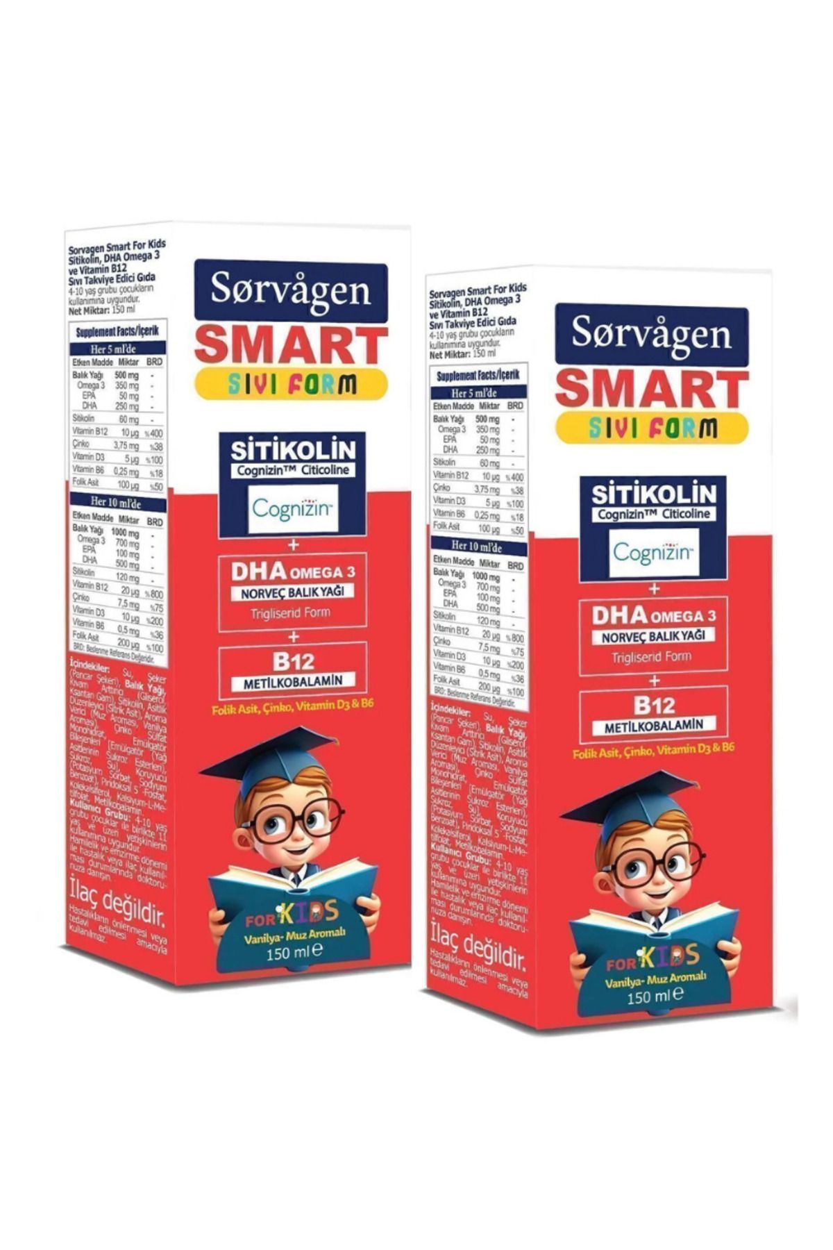 Sorvagen Smart Kids Sıvı Form - Sitikolin DHA Omega 3 Norveç Balık Yağı ve B12 - 150 ml - 2 Adet