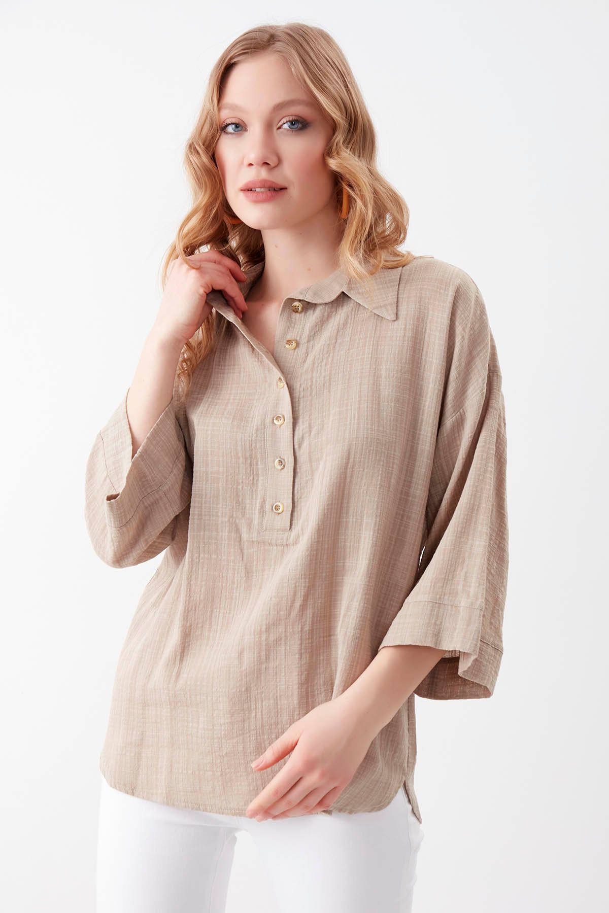Vitrin-Viscose Linen Buttoned Loose Blouse 2