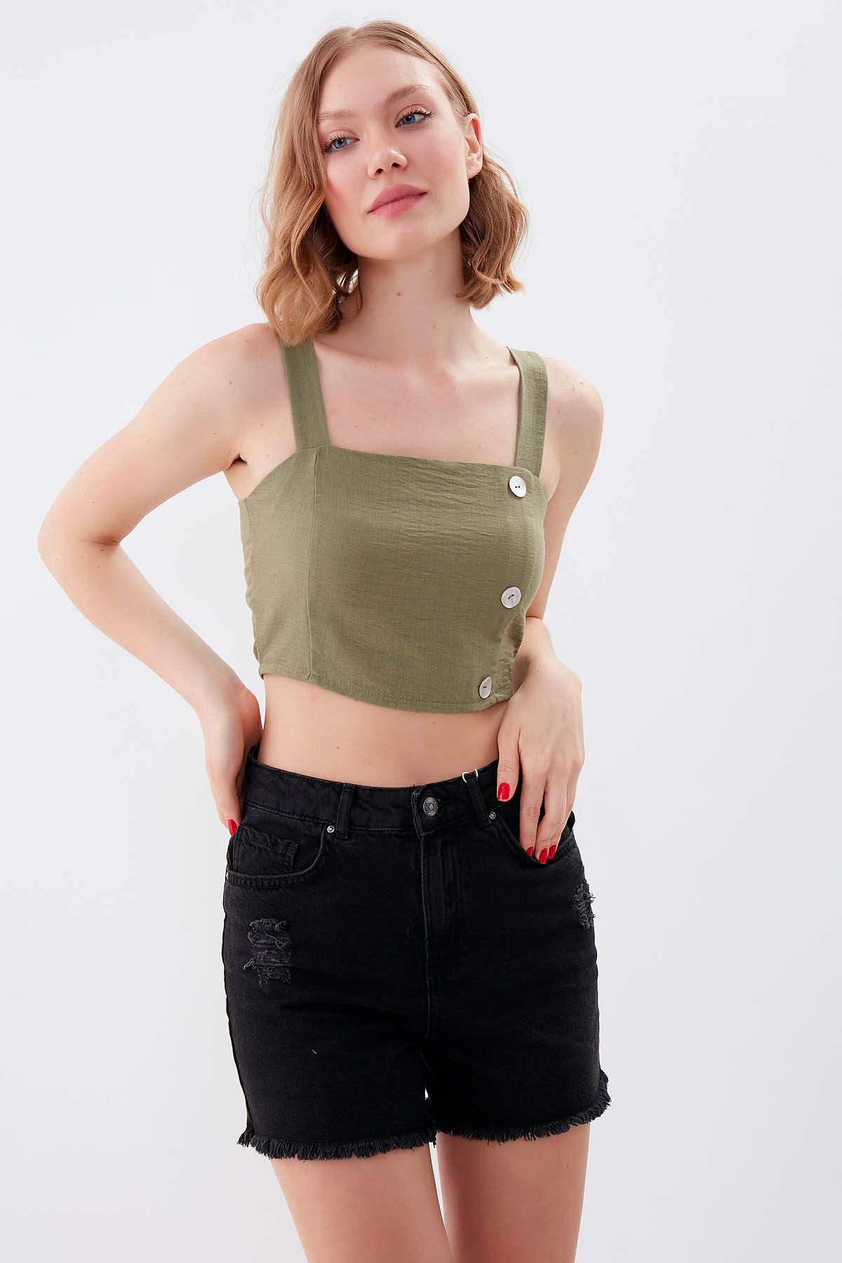 Vitrin-Pearl Buttoned Crop Blouse with Elastic Back 1