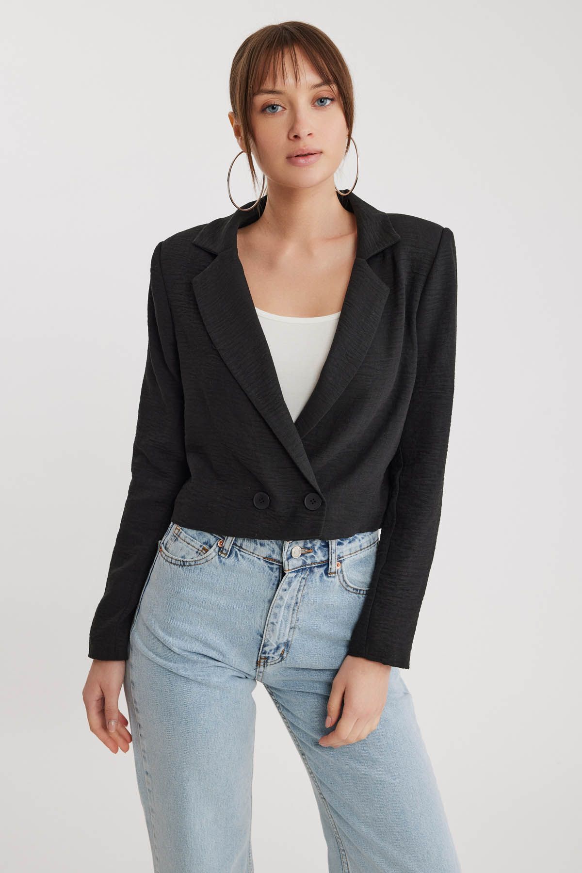 Vitrin-Double Button Viscose Linen Crop Jacket 3