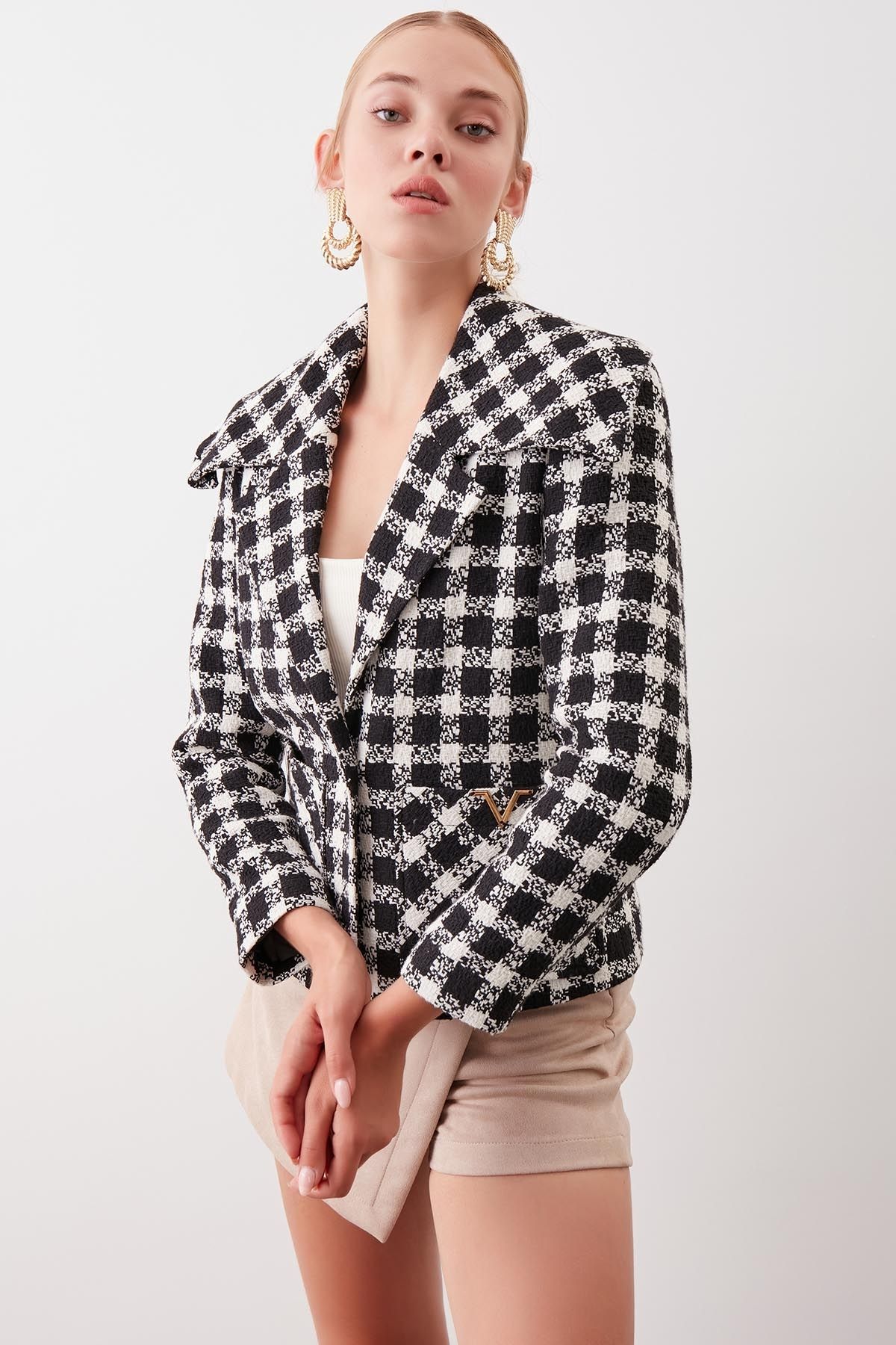 Vitrin-Collared Single Button Pocket Detailed Houndstooth Jacket 6
