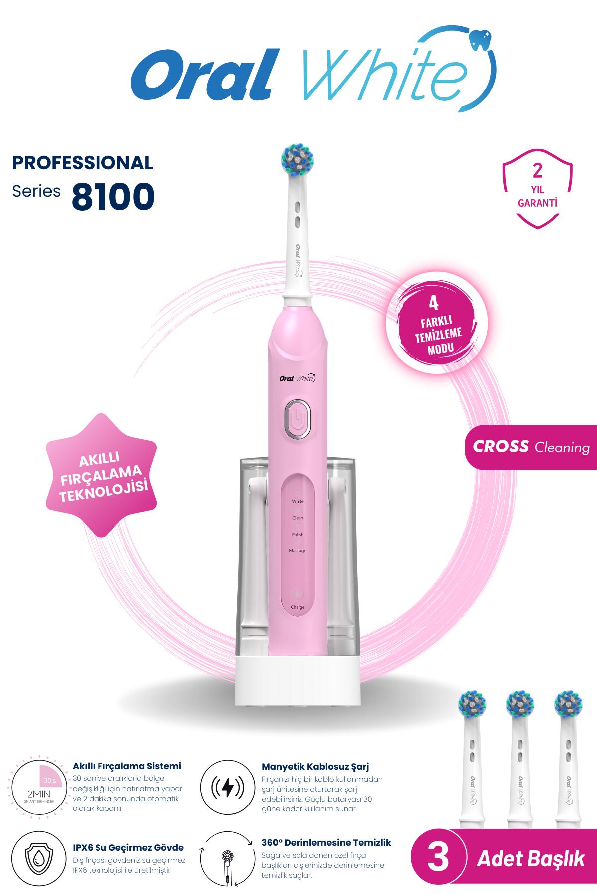 Oral White 4 Modlu Professional Series 8100 Şarjlı Diş Fırçası Pembe