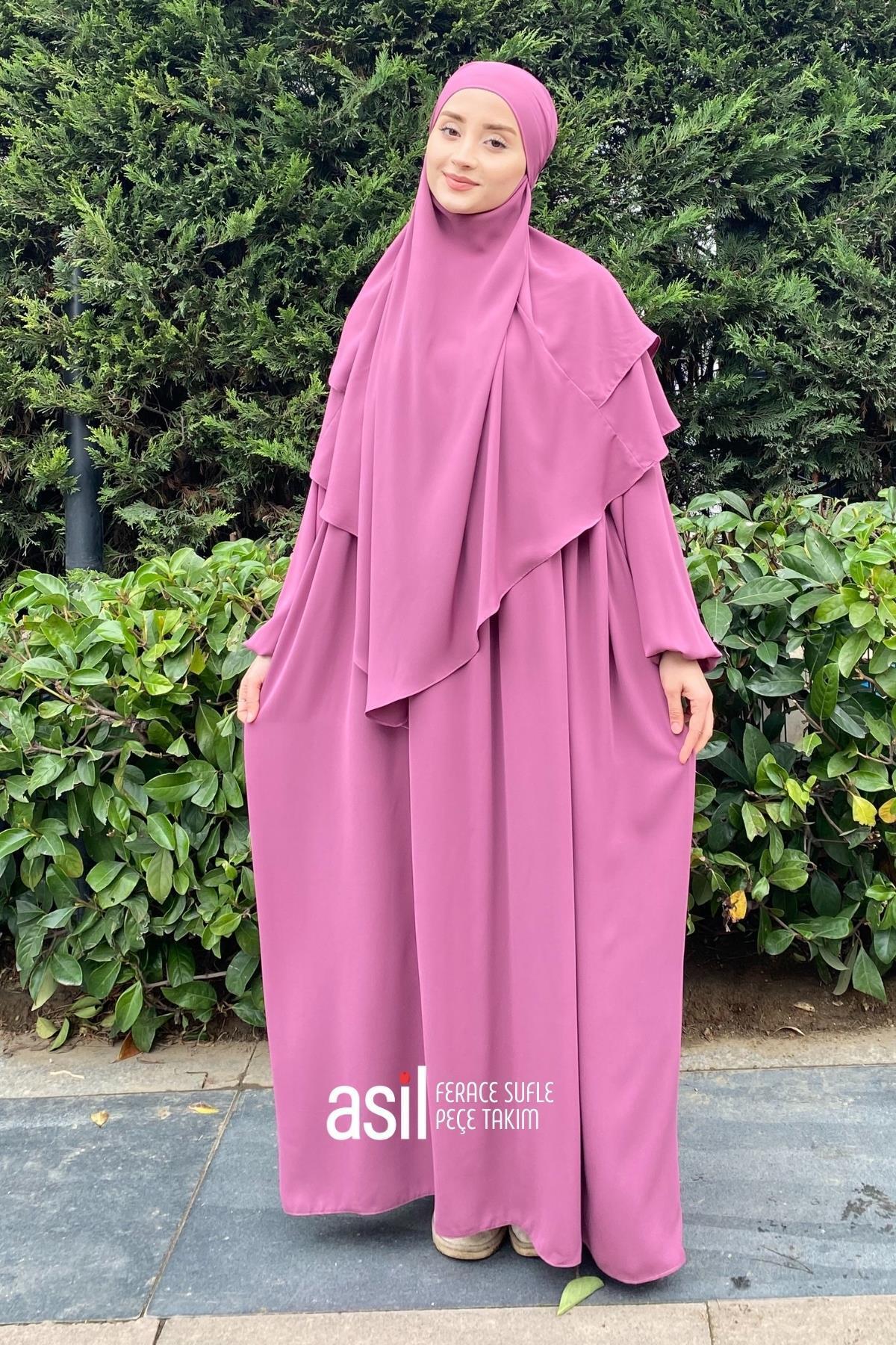 ASİLNUR Asil Ferace Sufle Peçe Takım Gül