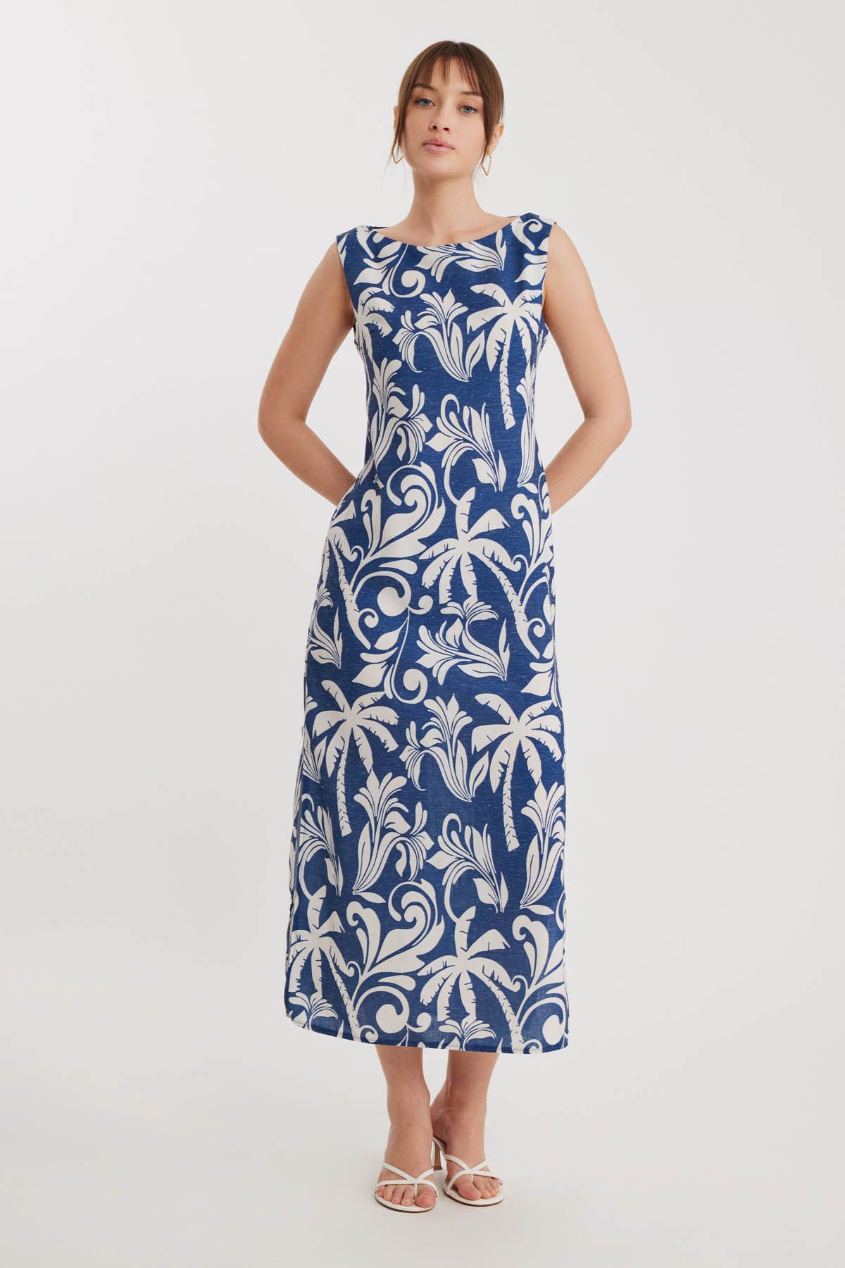 Vitrin-Palm Tree Pattern Long Dress with Side Slits 3