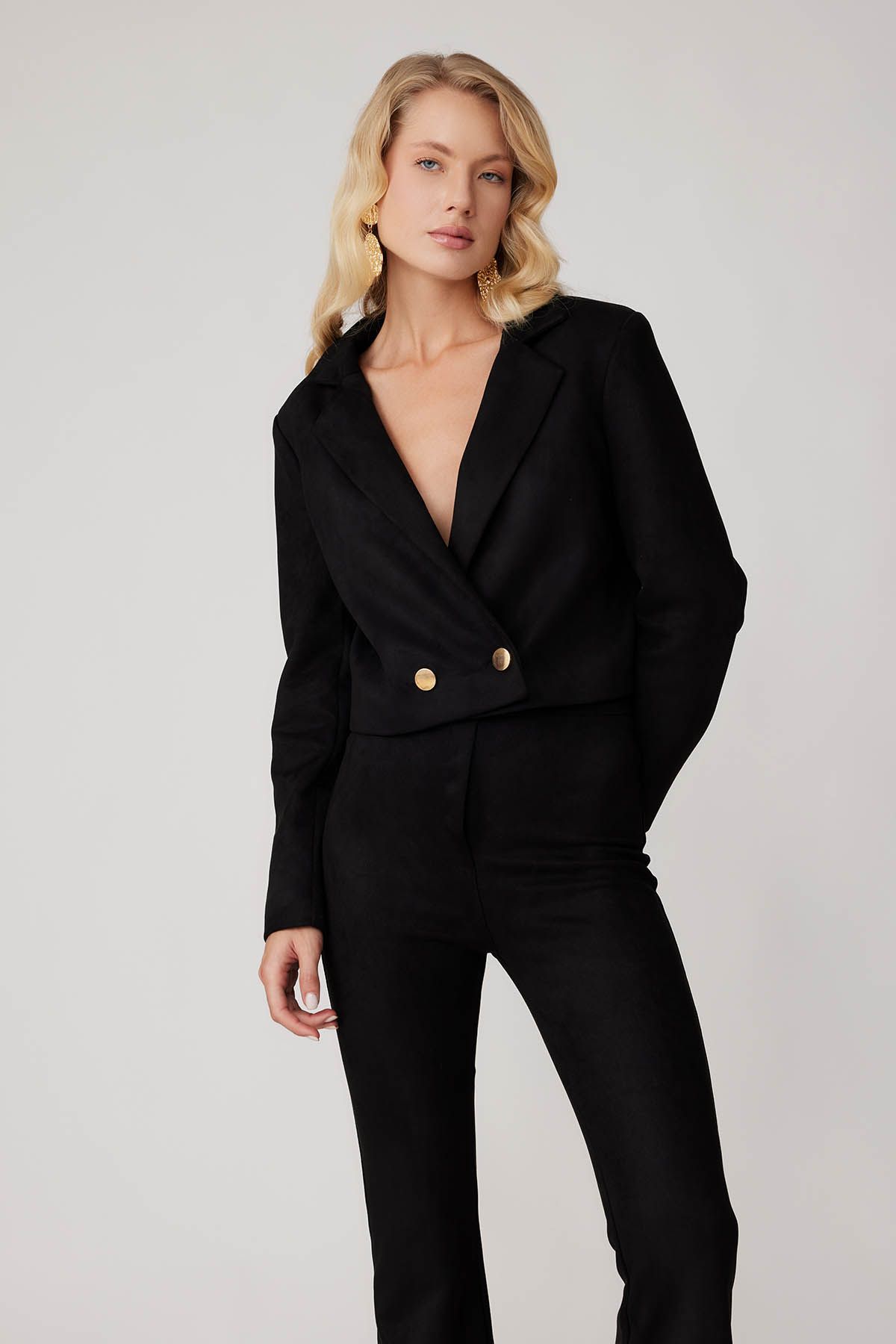 Vitrin-Double Button Lined Crop Suede Jacket 4