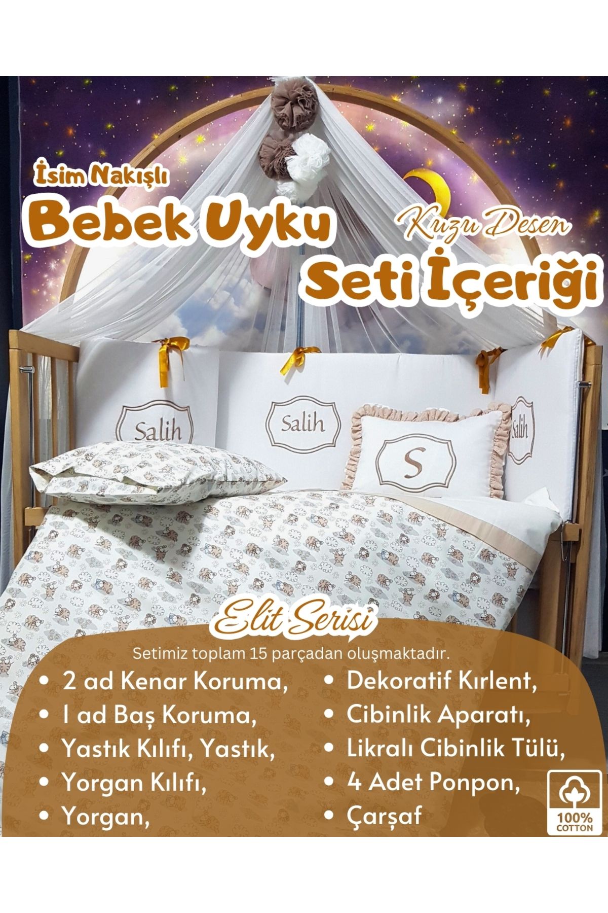 bebek iklimi Elit Serisi 60x120 Bebek Uyku Seti Pamuklu - Kahve Kuzu, Likralı Cibinlik ve İsim Nakışlı Kırlent