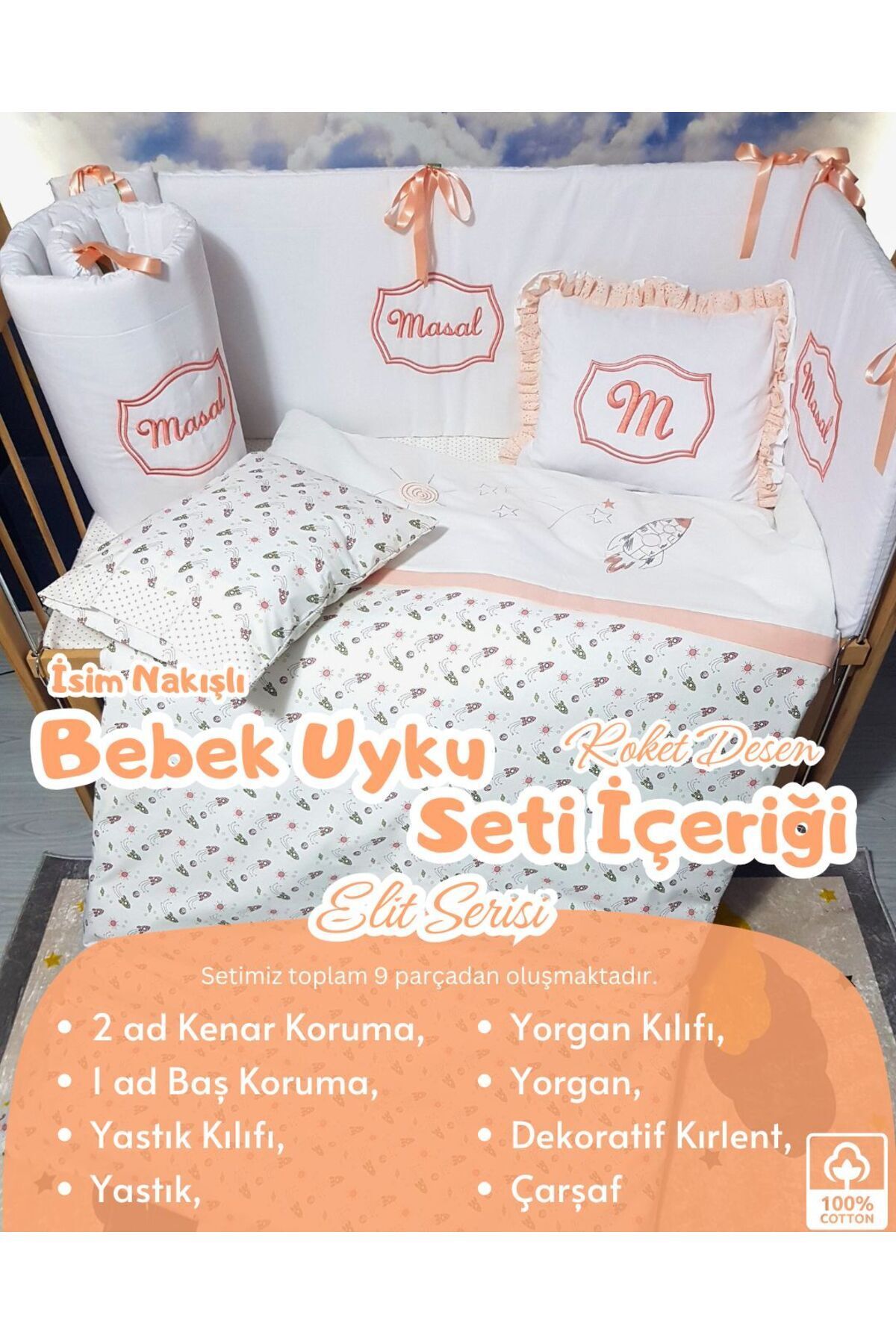 bebek iklimi Elit Serisi 90x130 İsimli Bebek Uyku Seti Pamuklu - Somon Roket, Nakışlı Beşik Korumalık ve Kırlent