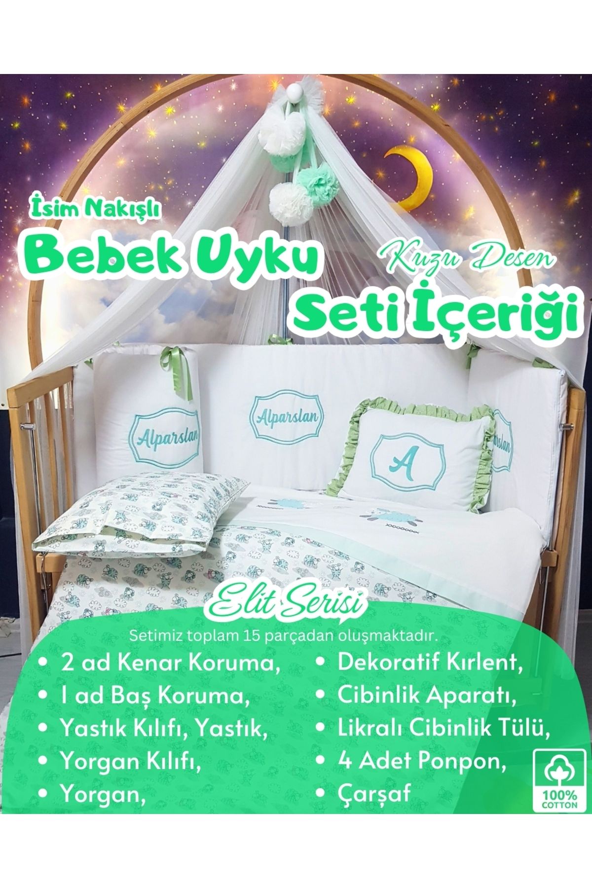 bebek iklimi Elit Serisi 60x120 Bebek Uyku Seti Pamuklu - Yeşil Kuzu, Lüks Cibinlikli ve İsim Nakışlı Kırlent