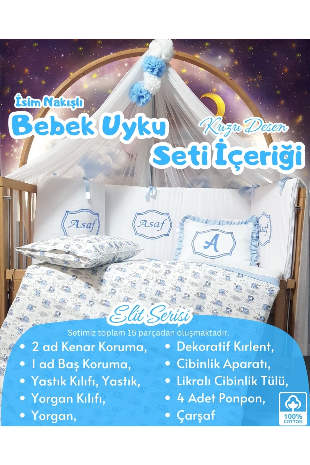 bebek iklimi Elit Serisi 80x130 Bebek Uyku Seti Pamuklu - Mavi Kuzu, Lüks Cibinlikli ve İsim Nakışlı Kırlent